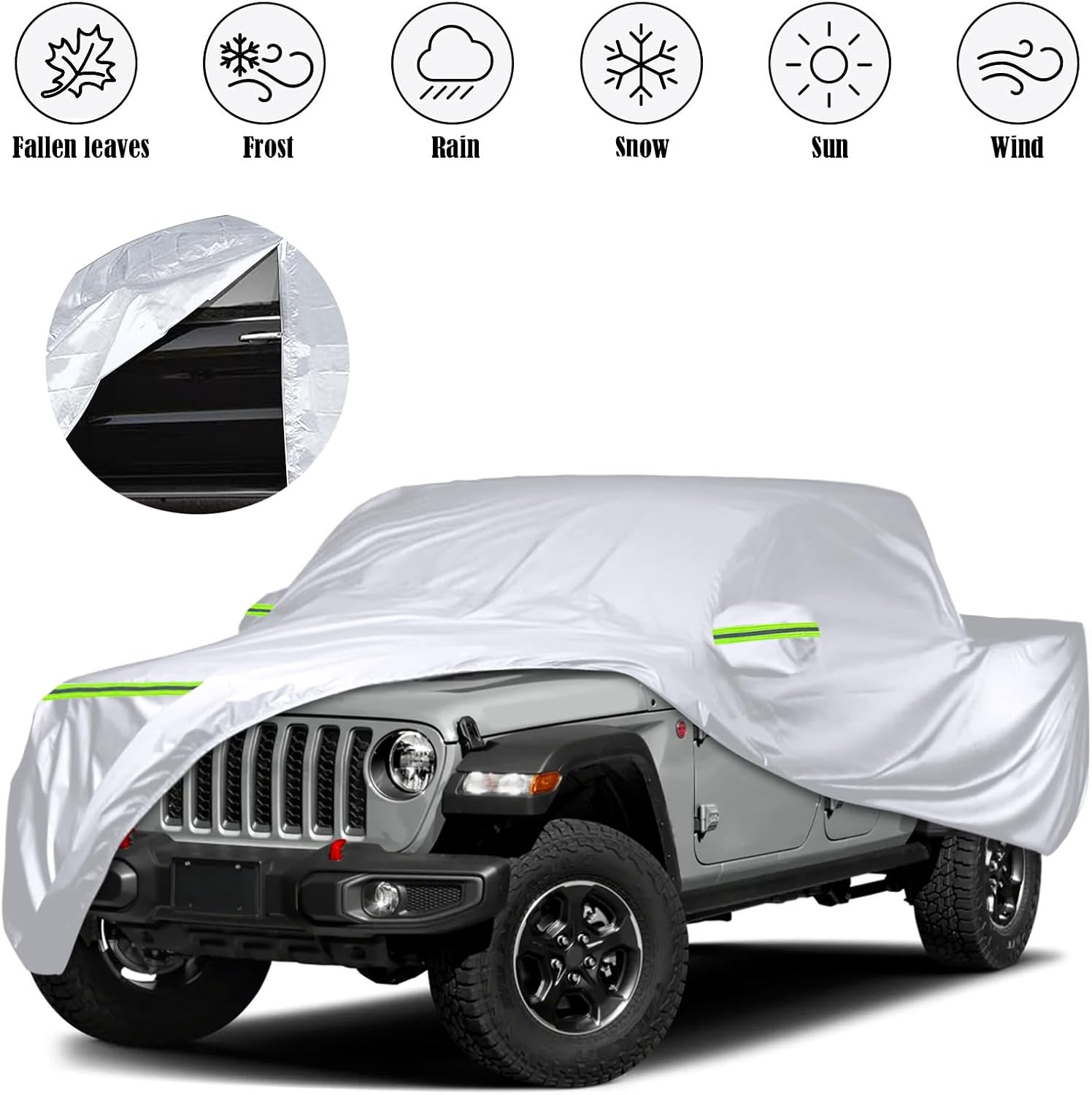 Waterproof Car Covers Replace for 2019-2025 Jeep Gladiator, 6 Layers Silver All Weather Custom-Fit Car Cover with Zipper Door & Windproof Bands for Snow Rain Dust Hail Protection image number 4
