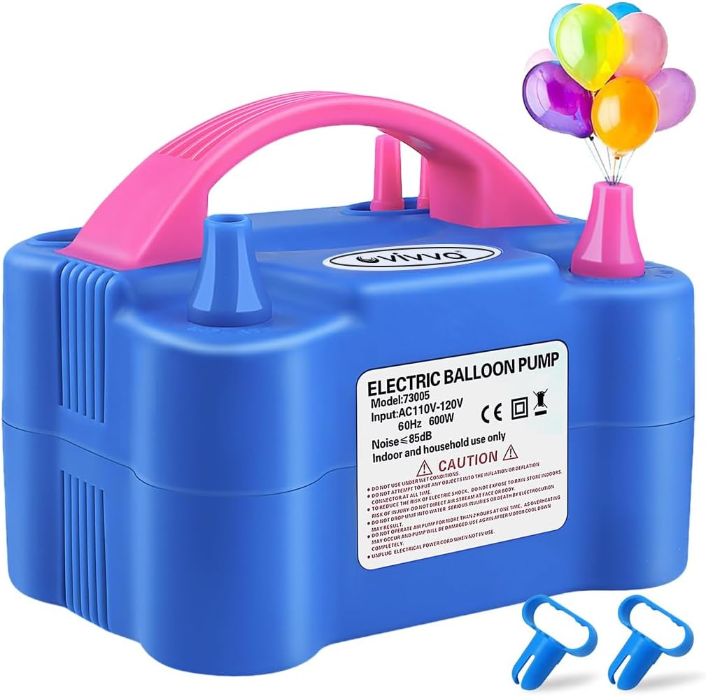 Vivva Balloon Pump Electric,600W Balloon Blower Inflator Dual Nozzle Air Pump with 2 Balloon Tying Tools,Balloons Inflator for Party Decoration (Blue)