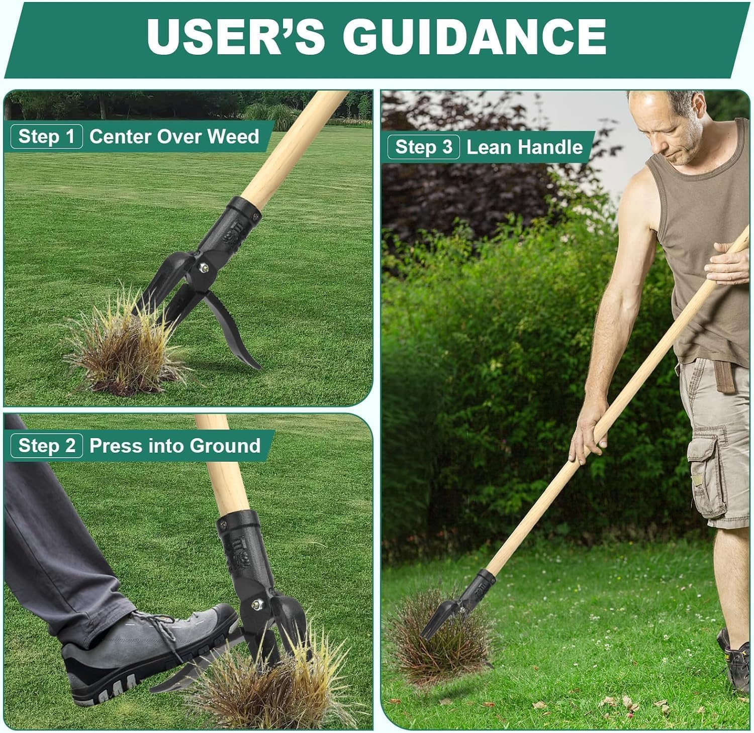 Weed Puller Tool Stand up Heavy Duty Weeding Tool with Long Wooden Handle and 4-Claw Steel Head, Easily Remove Weeds without Bending, Pulling, or Kneeling Garden image number 3