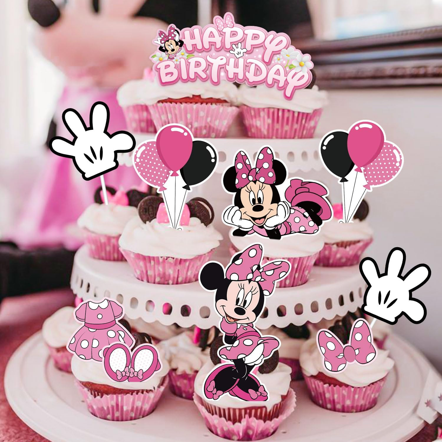 Lahe Birthday Cake Decoration, Glitter Minnie Cake Decoration, Happy Birthday Cake Decoration, Mouse Cake Topper Birthday for Girls Boys Party Decoration for Cake Decoration (Pack of 10) image number 3