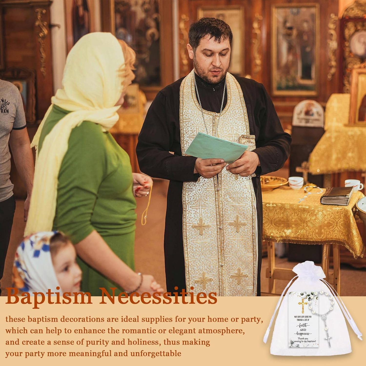 50 Sets Baptism Favors for Guests Acrylic Rosary Beads Faux Pearls Organza Gift Bags Thank You Cards Silver Angel Charm Keychain for Baptism Christening First Communion Party Supplies (Silver) image number 5