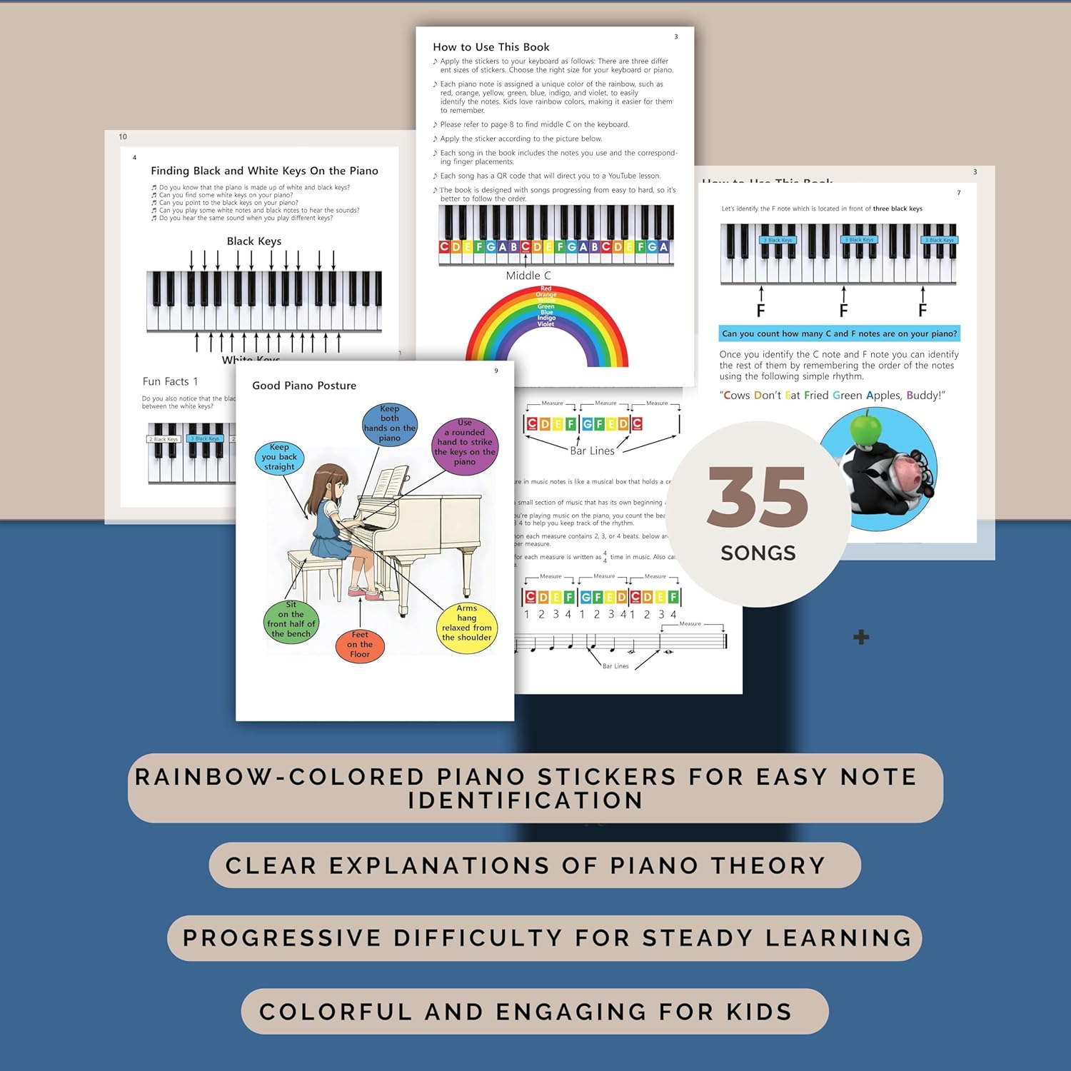 QMG Rainbow Color Piano and Keyboard Sticker and Kids Piano Learning Book Easy to Follow Instructions for Kids, Beginner Piano Book for Children, Easy Piano Sheet Music for Kids
