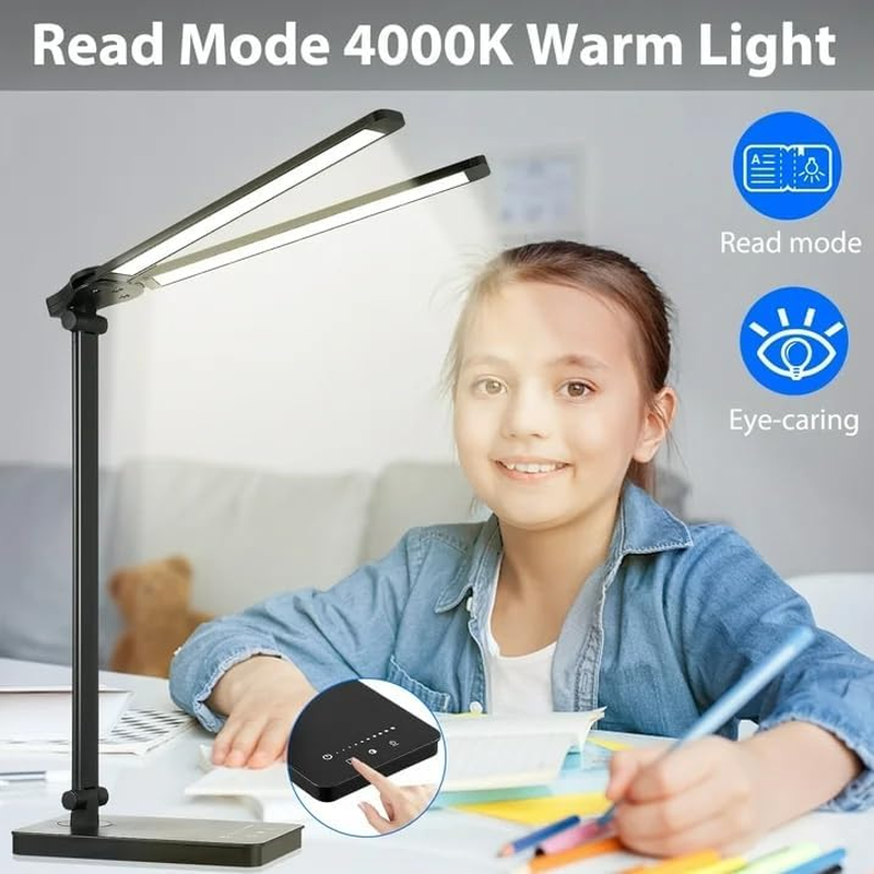 Desk Lamp for Home Office - LED Lamp with USB Port,Eye-Caring Double Swing Arm Bright Table Lamp, Dimmable Touch Lamp Desktop Light for Bedroom/Living Room/College image number 6