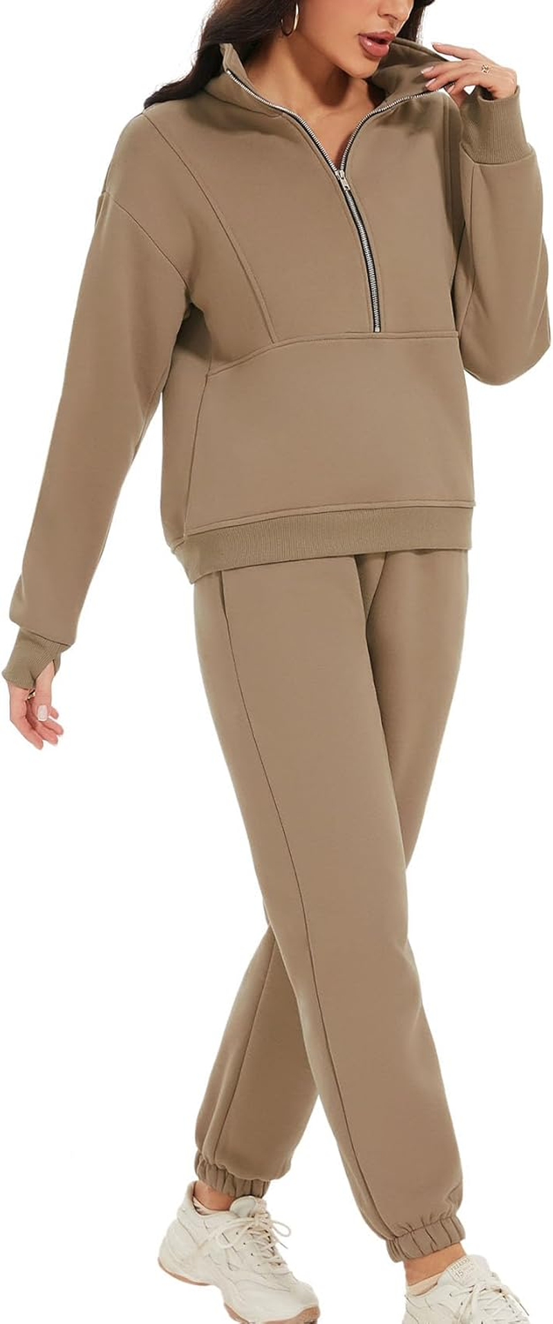 PEHMEA Women'S Fleece Two Piece Outfit Half Zip Sweatshirt and Joggers Pants Set Tracksuit image number 5