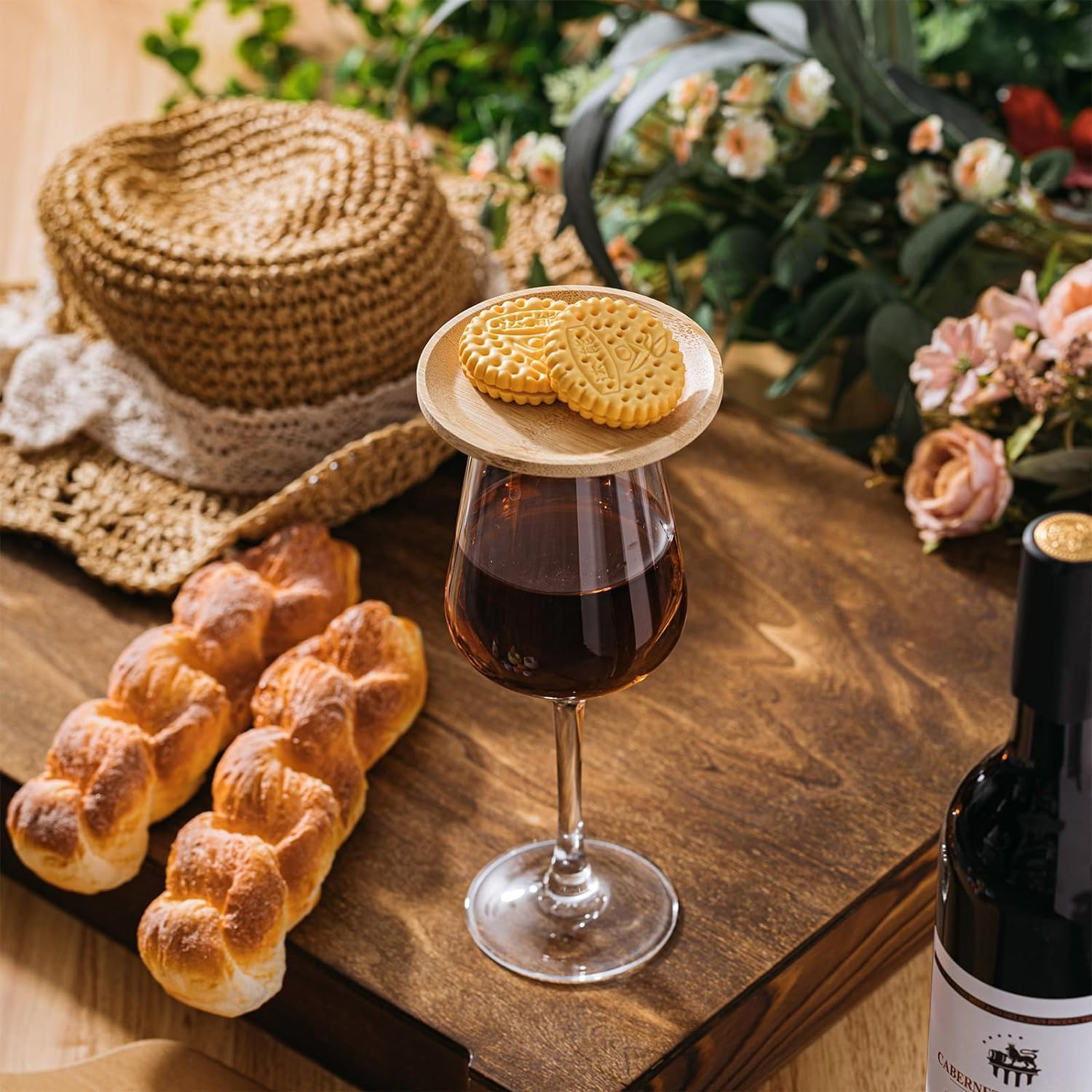 Cozioz 8-Piece 10 Cm Wine Glass Charcuterie Topper Set - Bamboo round Wine Glass Appetizer Plates for Dual Use at Family Gatherings, Bars, and Restaurants，Large image number 5