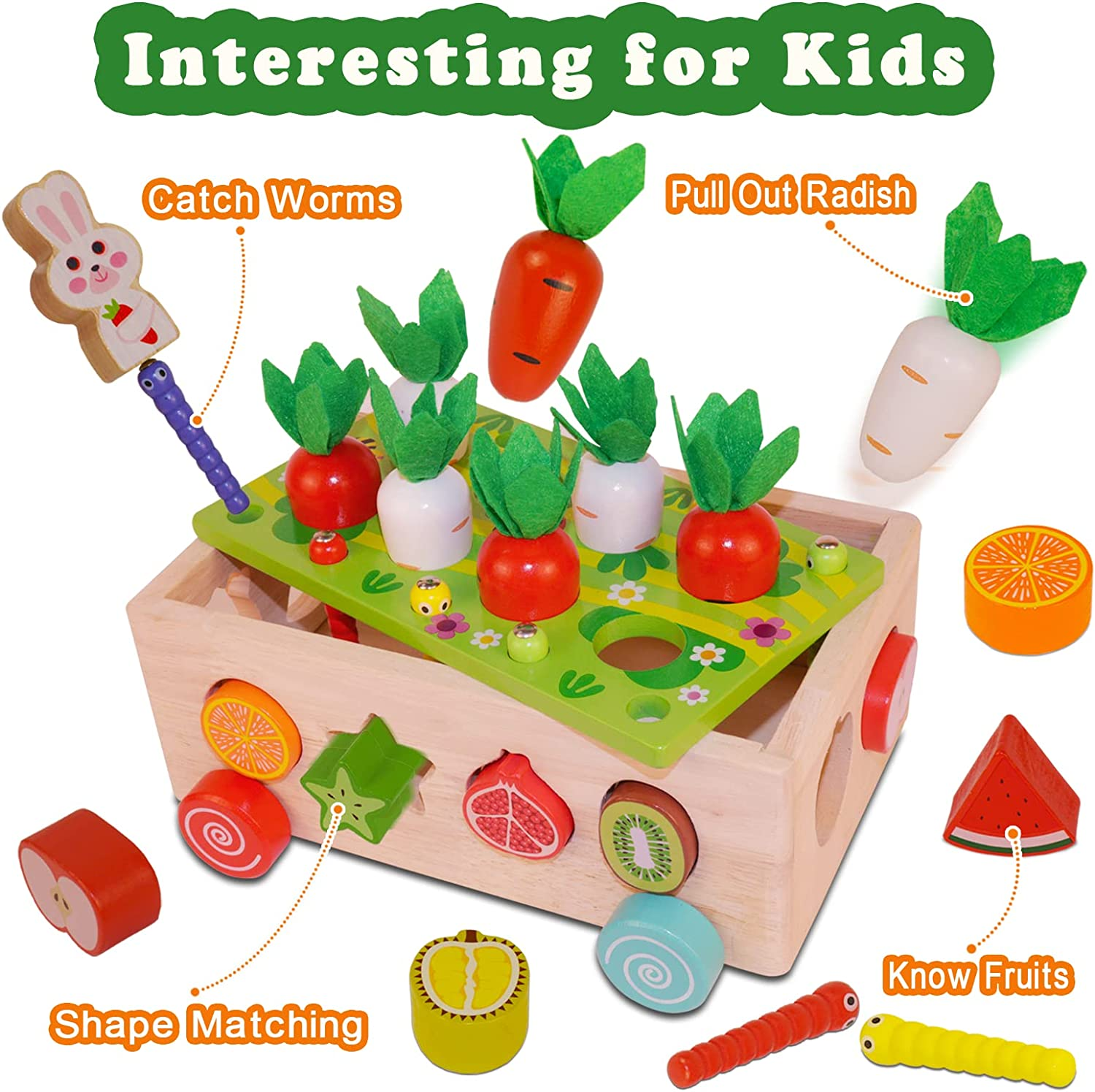 Montessori Toys for Toddlers,Wooden Learning Education Toys，Sensory Toys with Carrots Harvest Game & Shape Sorting,Baby Toys for 1 2 3 4 Year Old，Gifts for Boys Girls