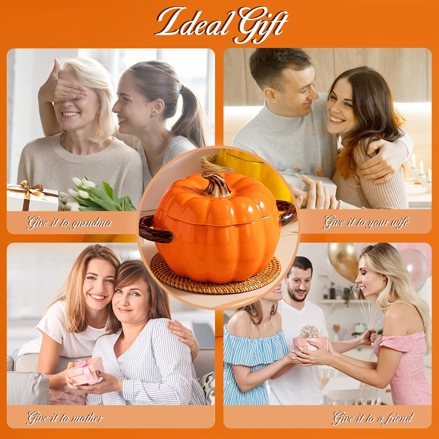 Soup Pot with Lid, 51 Ounce Pottery Dutch Oven, Mini Baking Dish Cute Pumpkin Pot, Ceramic Dessert Saucepan, Double Ear Pumpkin Cookware for Home Thanksgiving Halloween Party (Orange)