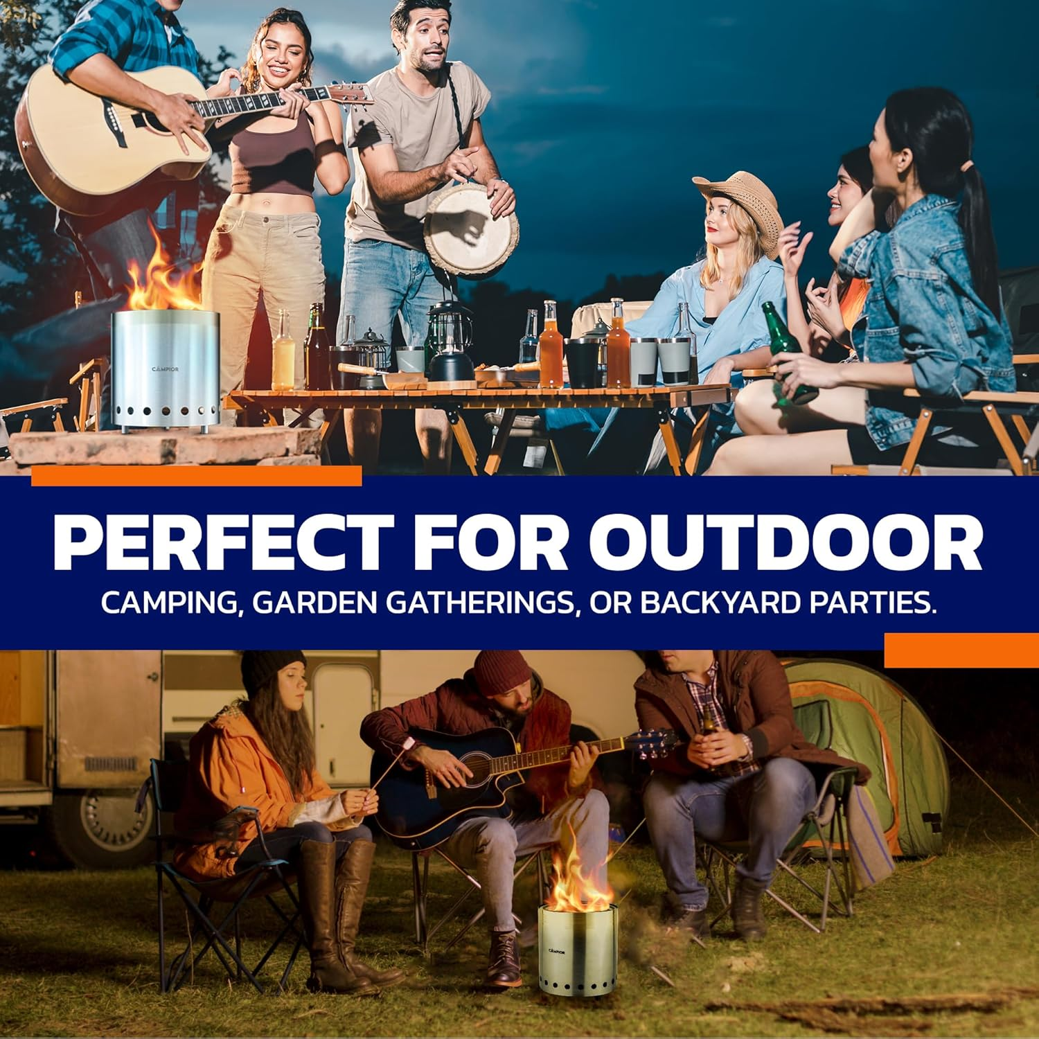 CAMPIOR Wood Burning Fire Pit Stove with Black Exterior - Smokeless Outdoor Stove for Efficient Wood Fires, Camping, and Gatherings, Stainless Steel with Removable Ash Pan, Stand and Carry Bag