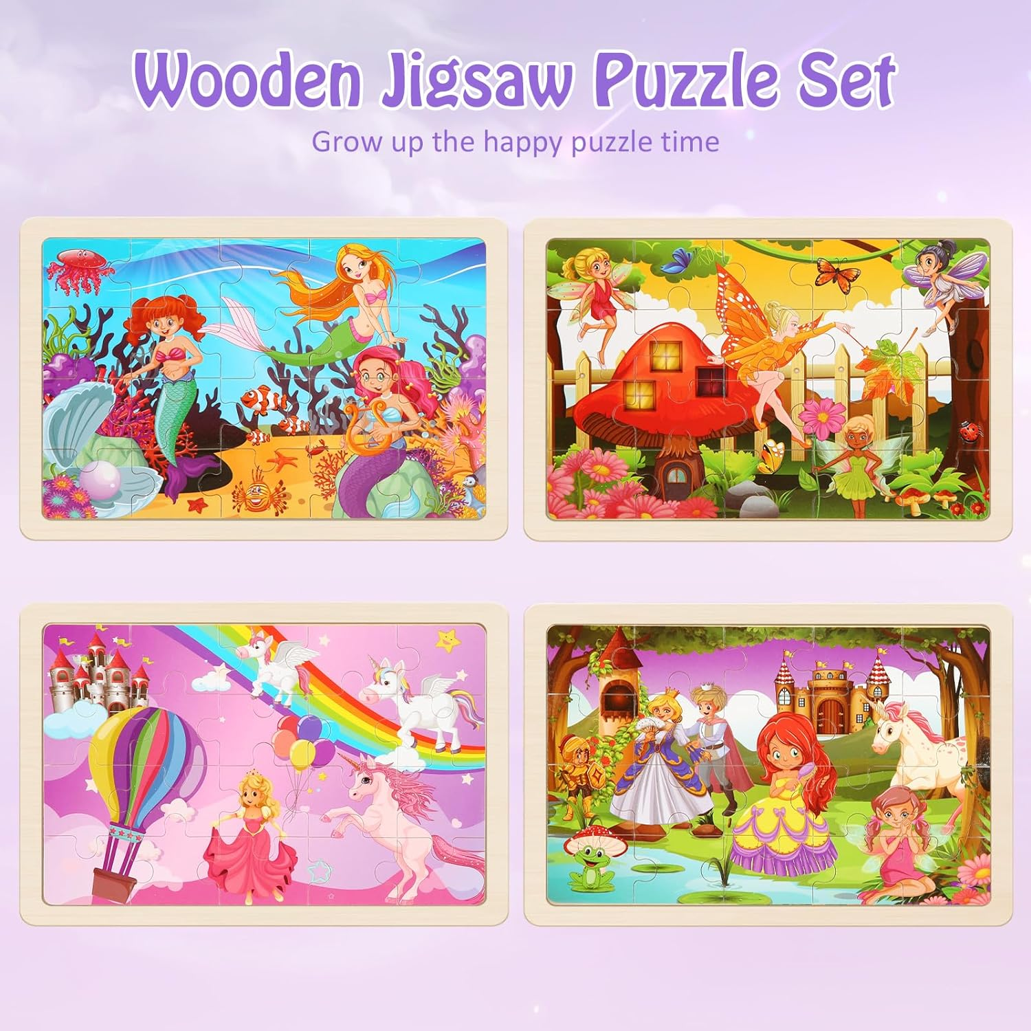 Wooden Puzzles Toys for Kids Ages 3-5, Set of 4 Packs with 20-Piece Unicorn Mermaid Princess Wood Jigsaw Puzzles, Preschool Educational Brain Teaser Toys for Girls 3 4 5 6 Years Old. - Princess image number 4