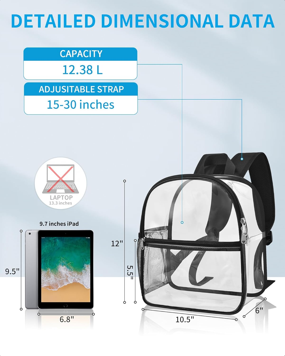 Paxiland Clear Backpack Stadium Approved 12&times;12&times;6, Clear Heavy Duty Mini Backpack for Concert Sport Events Work Travel School - Blue image number 6