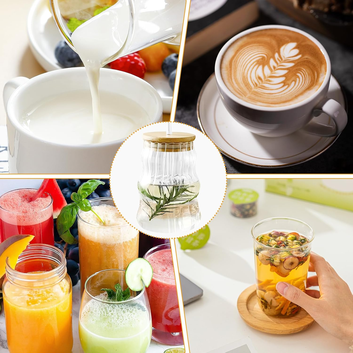 4 Pieces Cappuccino Glasses, Coffee Glasses Set with Lid and Straw, 500Ml Latte Macchiato Cups Glass Origami Style Glasses Drinking Coffee Cups Ribbed for Latte Tea Ice Milk Beer image number 4