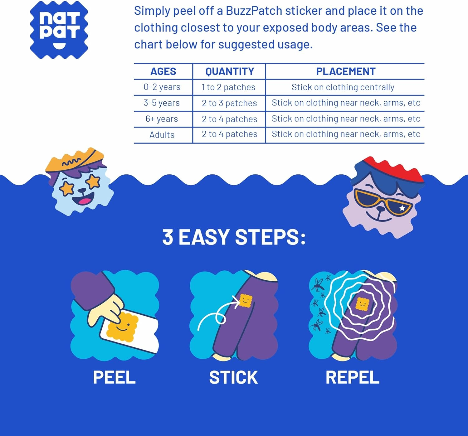 NATPAT Buzz Patch Mosquito Patch Stickers for Kids - Plant Based Ingredients, Non-Toxic - the Original All Natural Citronella Essential Oil Insect Patch, DEET Free, for Toddlers, Kids (60 Pack) image number 3