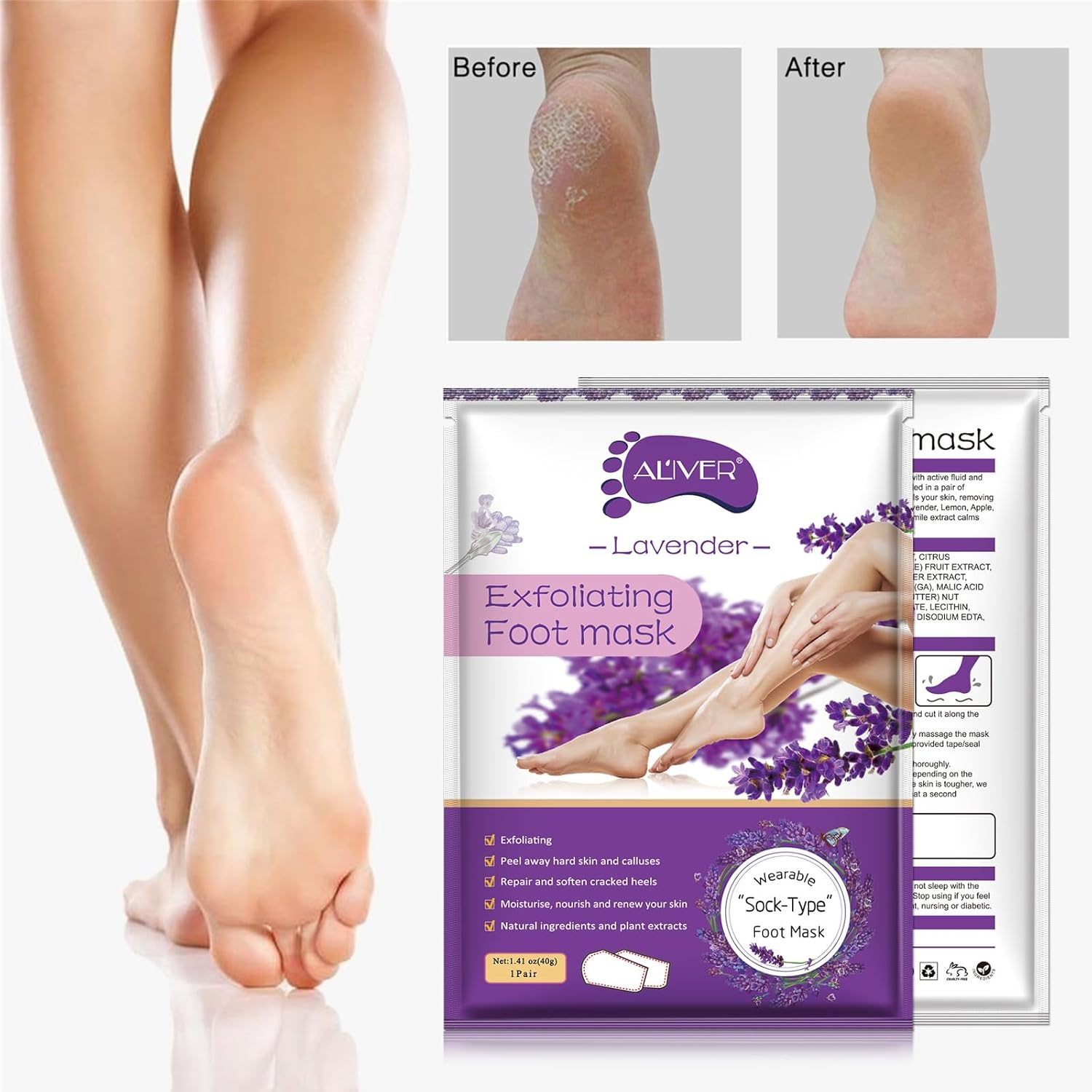 Foot Peel Mask 4 Pack, Exfoliator Peel off Calluses, Exfoliating Foot Care,Foot Exfoliator Repair Dry Cracked Feet,Peeling Away Dead Skin, Calluses, Dead Skin Callus Remover, Baby Soft Smooth Touch Feet-Men Women (Lavender) image number 6