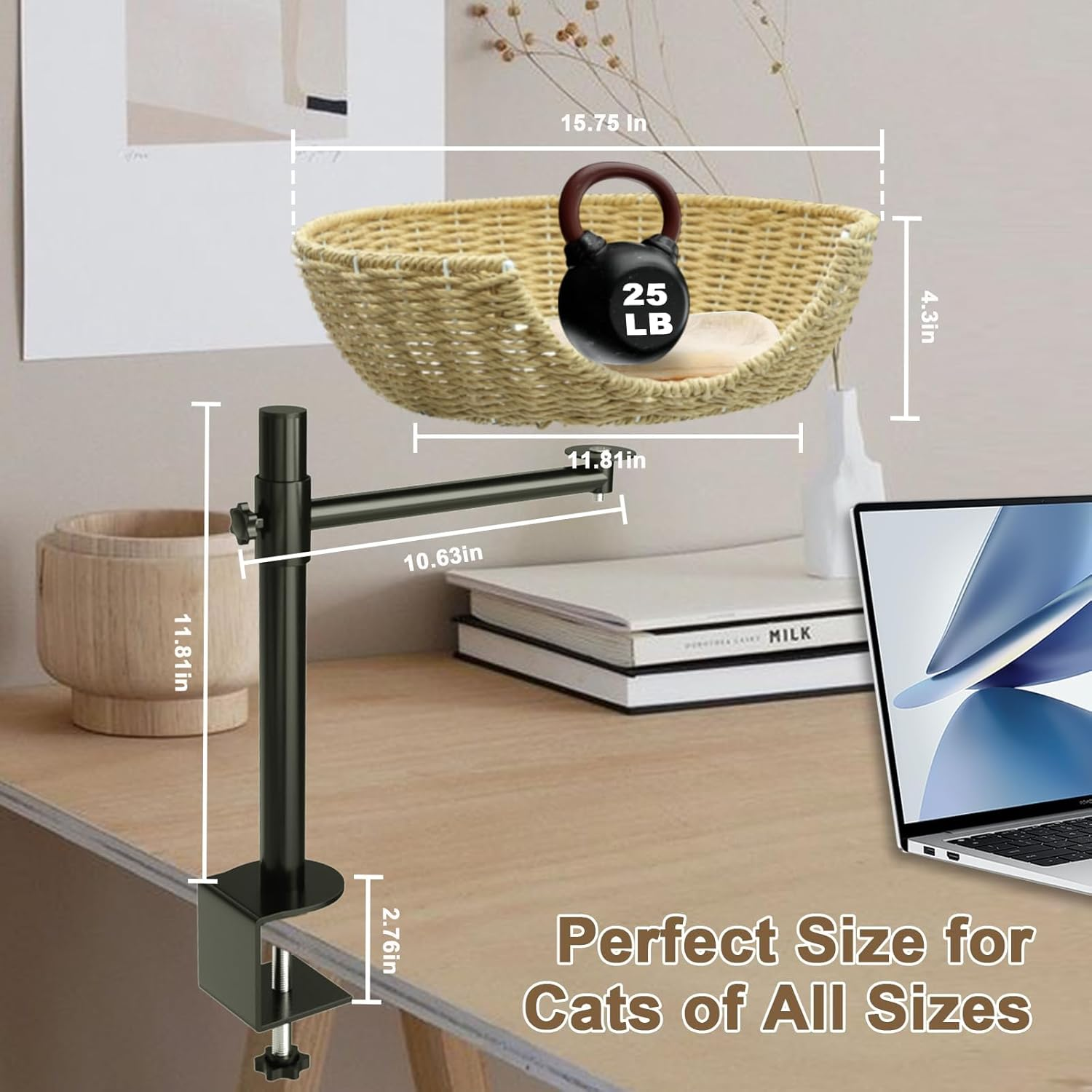 PTEROMYS Cat Desk Bed, Cat Bed for Desk Perch with Paper Rope Material, Steel Frame, Adjustable Height, 360 Rotating Cat Desk Bed, Suitable for Cats 22 Pounds (Beige) image number 4