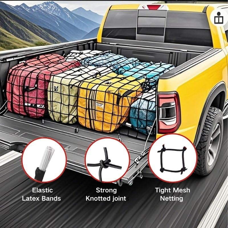 120 X 180CM Cargo Net for Pickup Truck Bed - Stretches to 240 X 360 CM, Nylon Mesh with 12 Aluminum Hooks &ndash; Universal Fit for Pickup, SUV, ATV, Boat