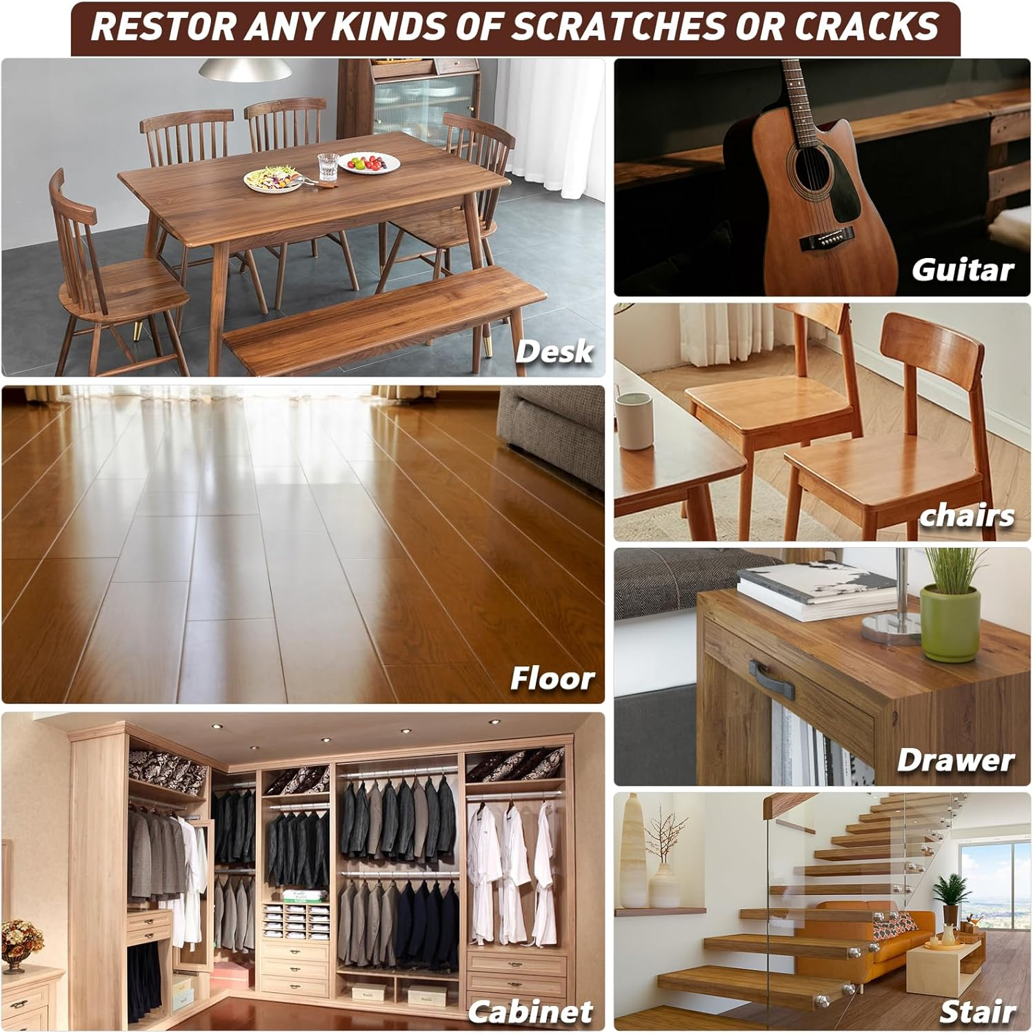 DEWEL Wood Furniture Repair Kit, Walnut Colors Series Furniture Touch up Markers and Wood Fillers, Wood Putty with Wood Polish Wax for Restoring Any Wood, Scratches, Cracks, Wood Floor image number 1