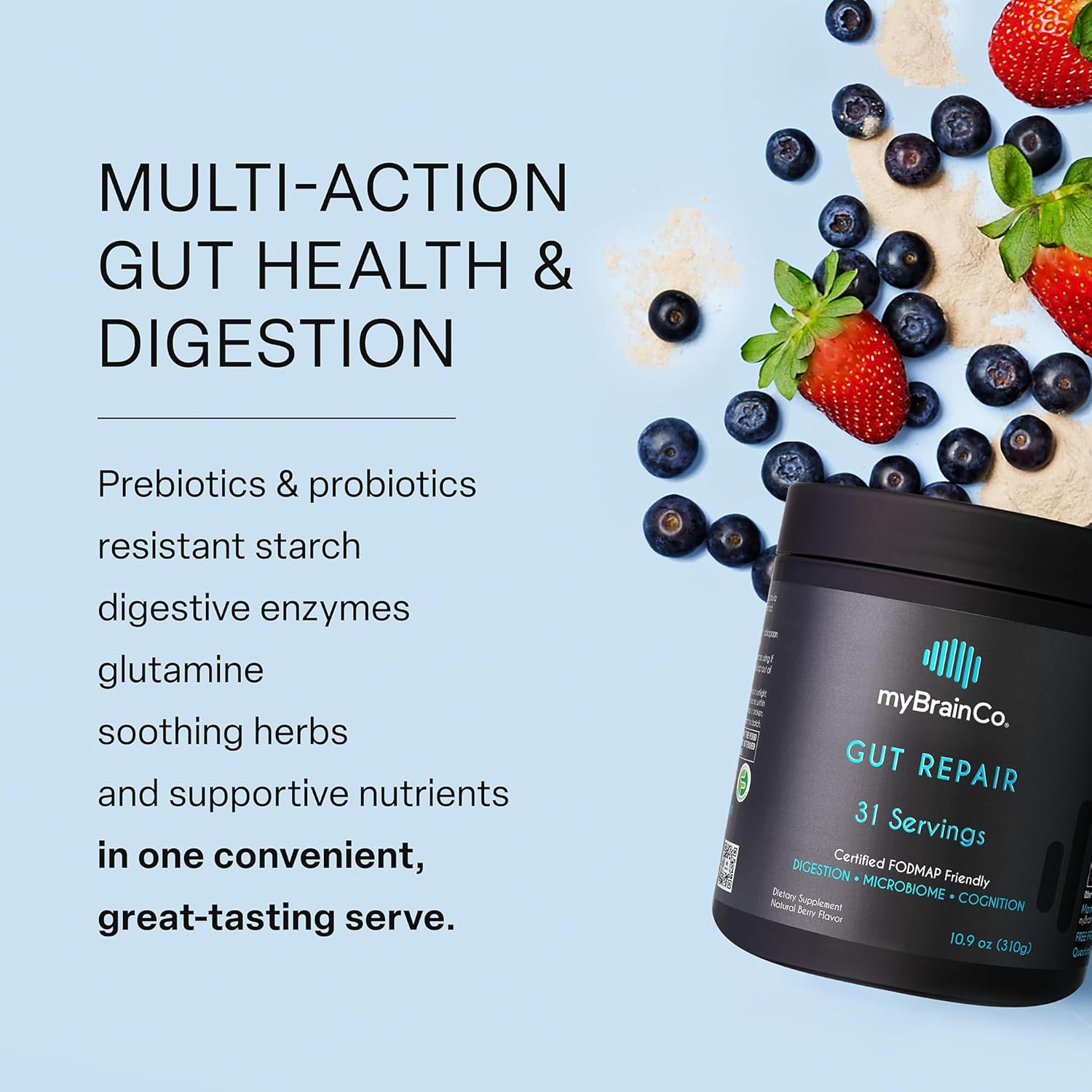 Mybrainco Gut Repair - Gut Health & Digestion Supplement for IBS, Bloating, Reflux and Leaky Gut - Low-Fodmap Certified with Probiotics, Prebiotic Fibre, Digestive Enzymes, L Glutamine, Marshmallow Root & More - Promotes a Healthy Microbiome & Optimal Digestive Health - Natural Berry - Powder (310 G) image number 3