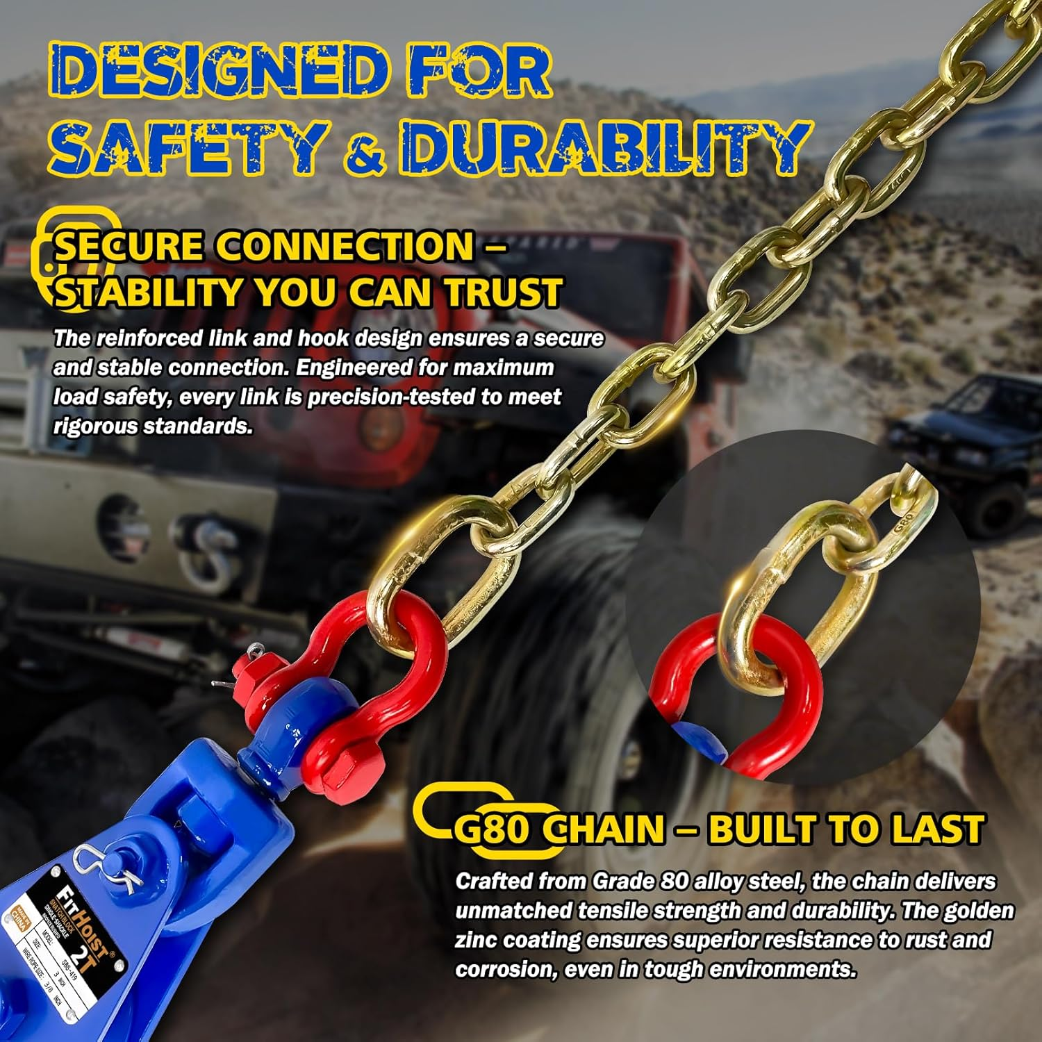 FITHOIST 2 Ton Snatch Block with G80 Chain | 3'' Sheave for 3/8" Inch Wire Rope | Pulley Block with Shackle for Heavy Duty Towing and Recovery Equipment | Tow Truck Rollback Wrecker Car Hauler Winch image number 3