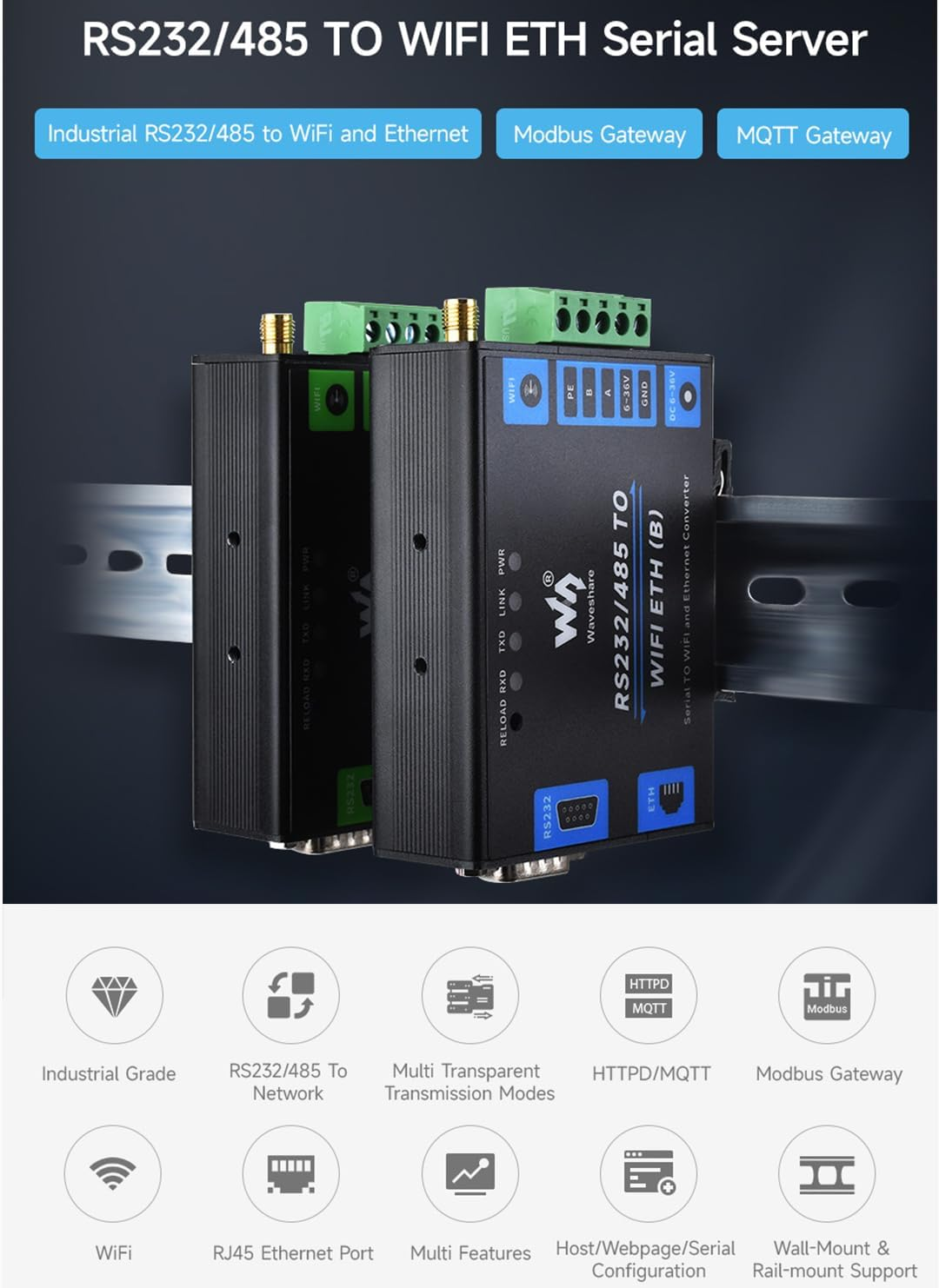 Waveshare RS232/485 to Wifi and Ethernet Serial Server Converter with POE Function, Modbus Gateway, MQTT Gateway, Serial Port to HTTPD Client Functions, DC 6~36V / Poe Port Power Supply image number 3