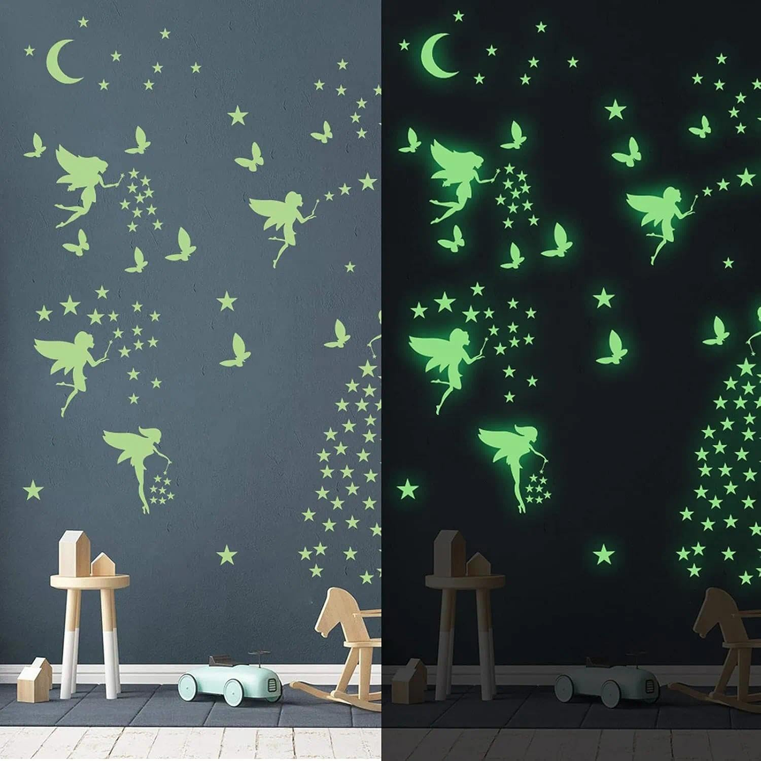 Luminous Wall Decals for Kids Room - Glow in Dark Fairy Butterfly Star Moon Flower Stickers, Waterproof Nursery Bedroom Ceiling Decor Ermaoo image number 1