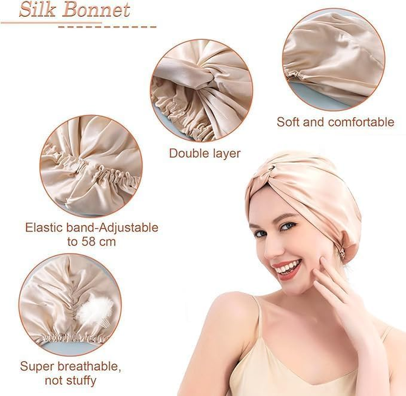 Silk Hair Wrap for Sleeping Silk Bonnet Night Sleep Cap for Curly Hair Double Layer Soft Silky Head Scarf Shower Caps for Women Hair Beauty Satin Bonnet with Adjustable Elastic Washing Makeup（Khaki ）26*23CM image number 2