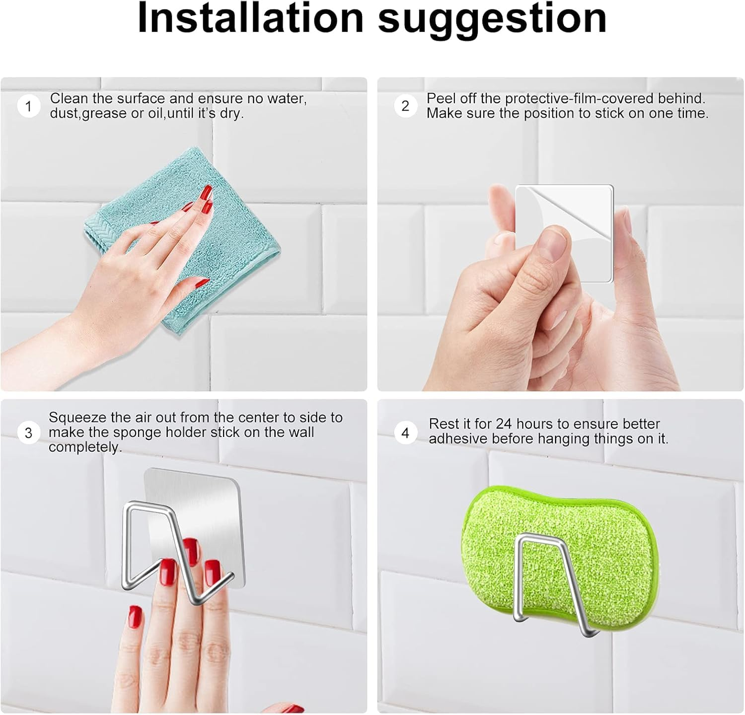 2 Pack Sponge Holder for Kitchen Sink, Self Adhesive Kitchen Sponge Holder, Kitchen Sink Organiser Wall-Mounted, No Drilling (Color:Black) image number 6