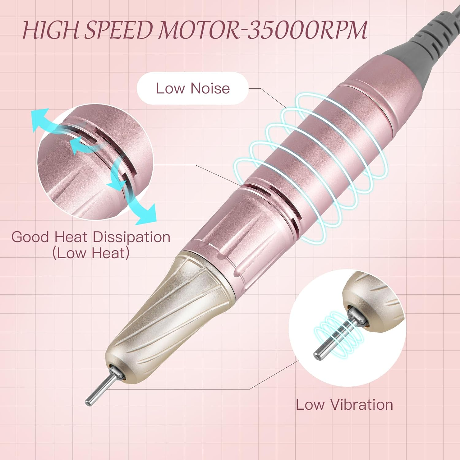 Madenia Rechargeable Electric Nail Drill Professional Portable E File Machine for Acrylic Gel Nails, Cordless Manicure Pedicure Polishing Tools, Pink image number 5