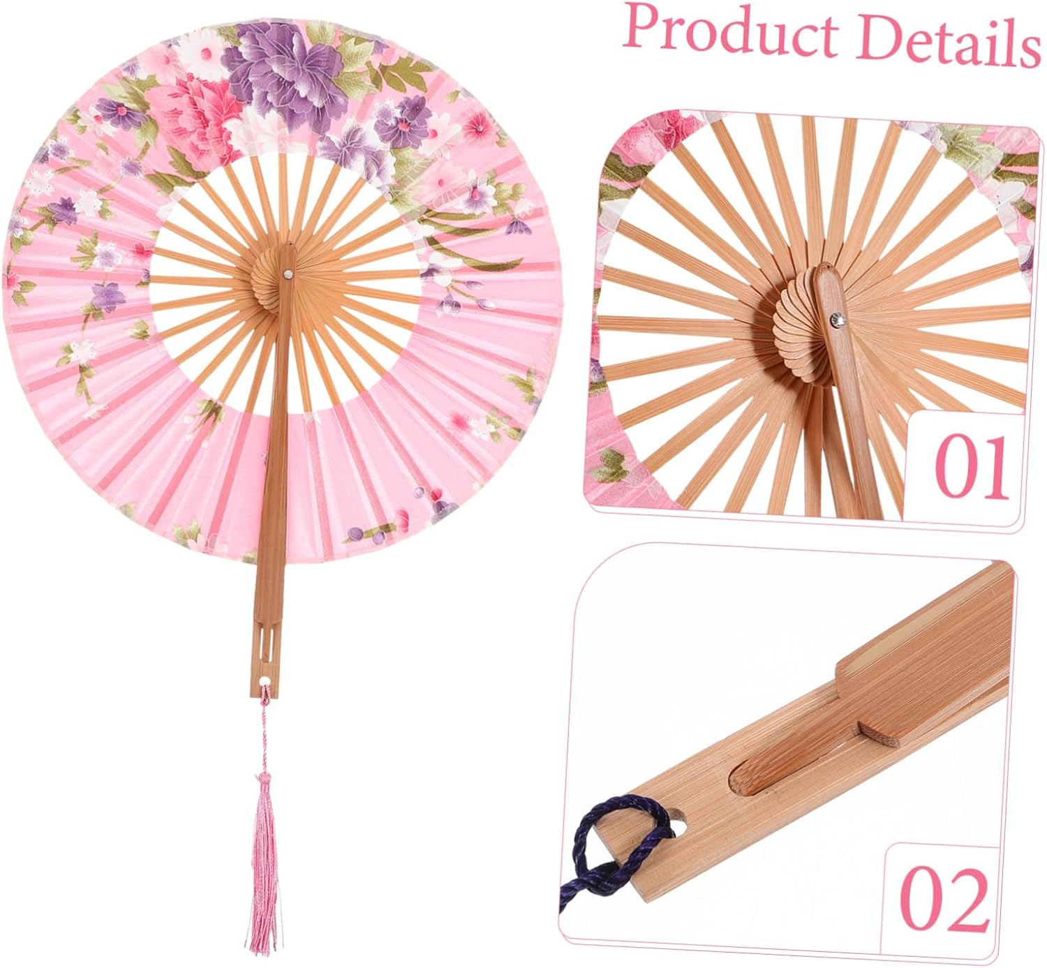 Amosfun 4Pcs Chinese Japanese round Folding Fan Handheld Vintage Bamboo Hand Fan for Women Wedding Party image number 3