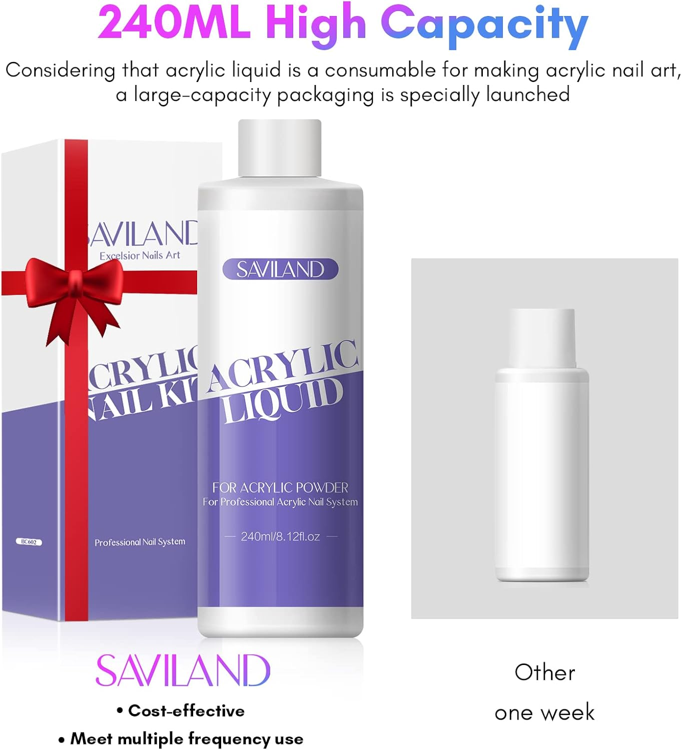 Saviland Monomer Acrylic Nail Liquid &ndash; 8.11Fl.Oz Acrylic Liquid with 3PCS Acrylic Brushes Size（8/10/14）For Acrylic Powders, True-Ema, Non-Yellowing Acrylic Nail Liquid for DIY Home Nail Salon Use image number 1