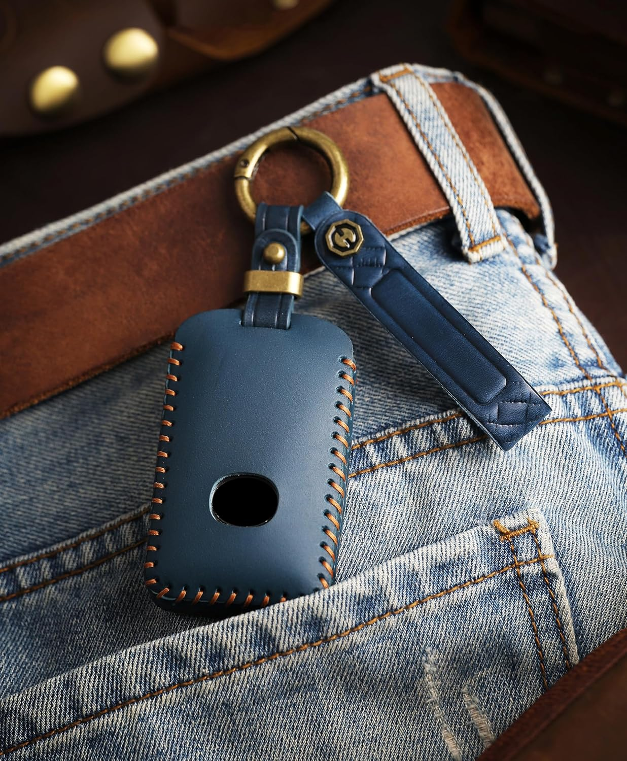 Ontto Cowhide Car Key Cover Fit for Mazda 2 3 6 Sedan Wagon Roadster CX-8 CX-5 CX-30 CX-3 MX-30 CX-60 Handmade Leather Key Case Holder Keyring Key Chain Smart Key Shell Accessories - 3 Bttons-Brown image number 5