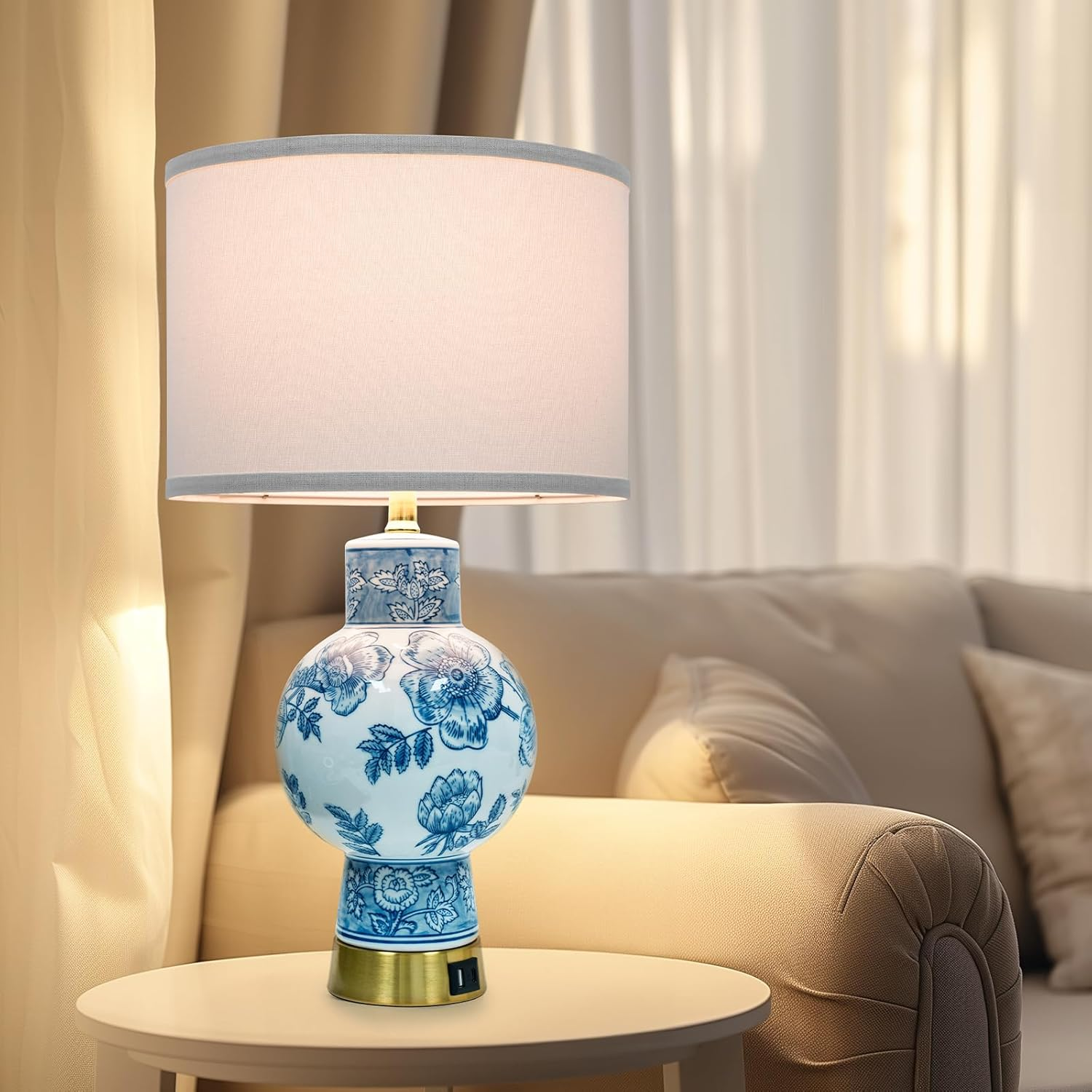 EOEYYOYB Bedside Table Lamp with USB Ports, 3-Way Dimmable Touch Lamp with Porcelain Vase Fabric Lampshade, Modern Desk Lamp Bedroom Decor for Living Room Home Office Study, Blue image number 3