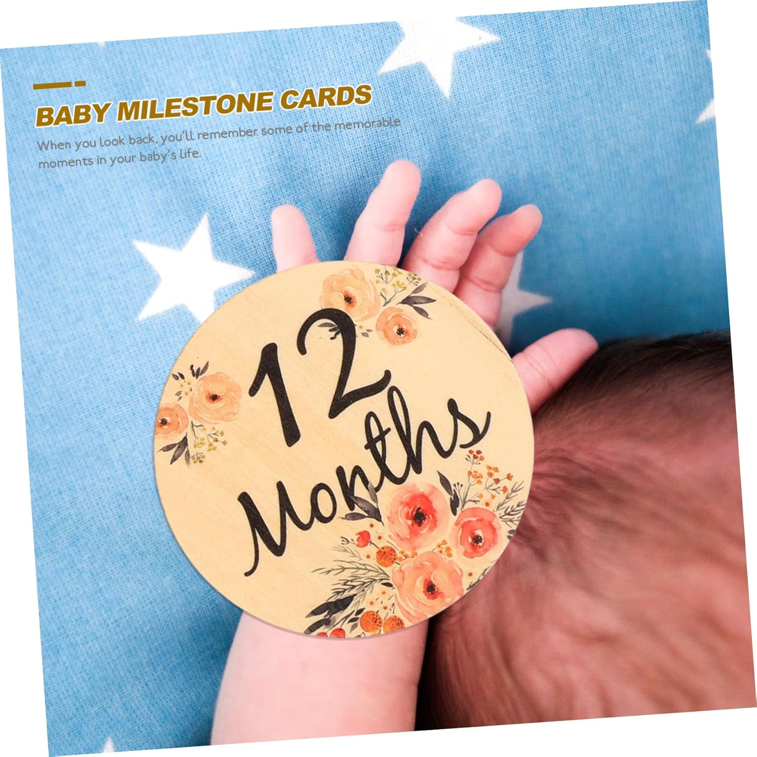 VANZACK 6 Pcs Wooden Monthly Milestone Cards Double Sided Flower Pattern Photo Props Newborn Growth Sign for Photography and Keepsake image number 4