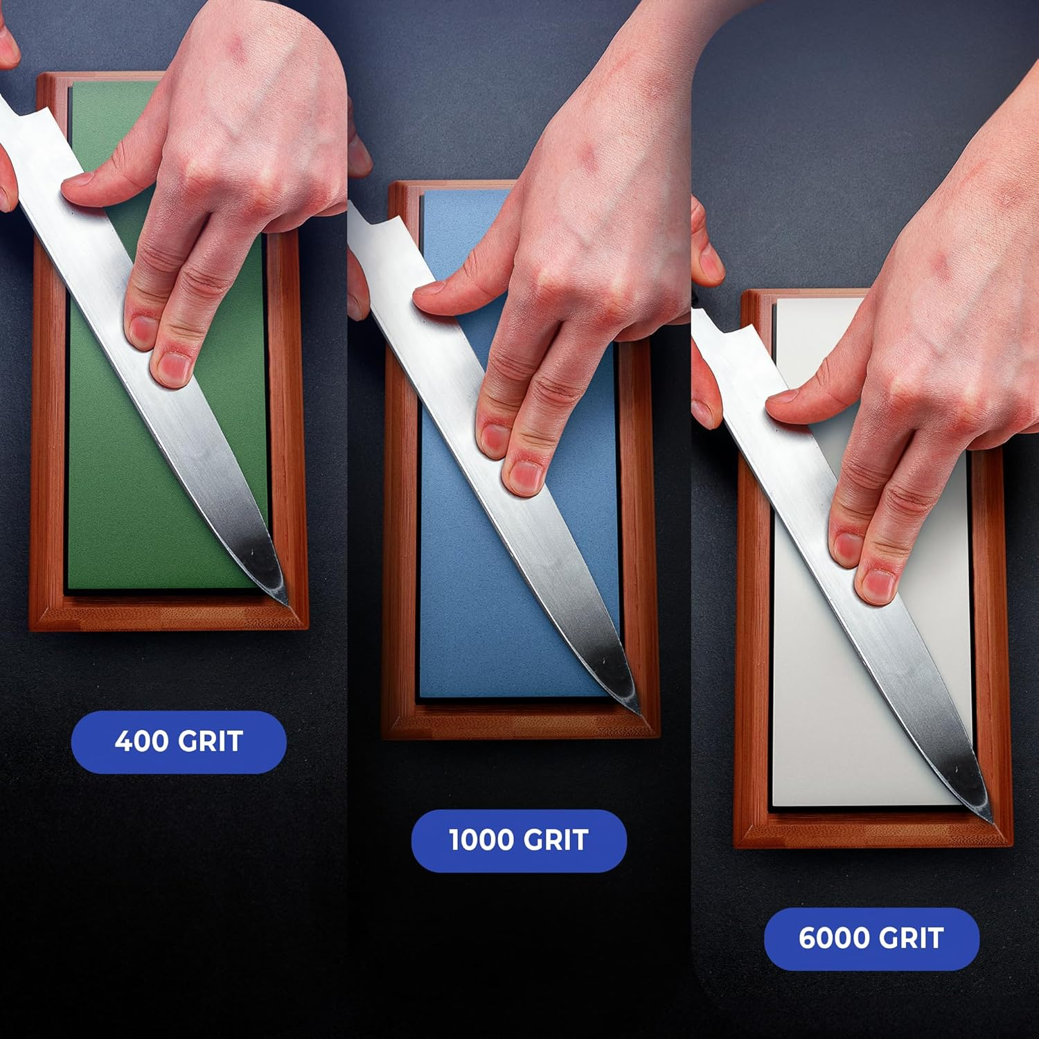 Sharp Pebble Extra Large Sharpening Stone Set - Whetstone Knife Sharpener Set - Grits 400/1000/6000 Waterstone & Flattening Stone - Kitchen Knife Sharpener with Nonslip Bamboo Base image number 6