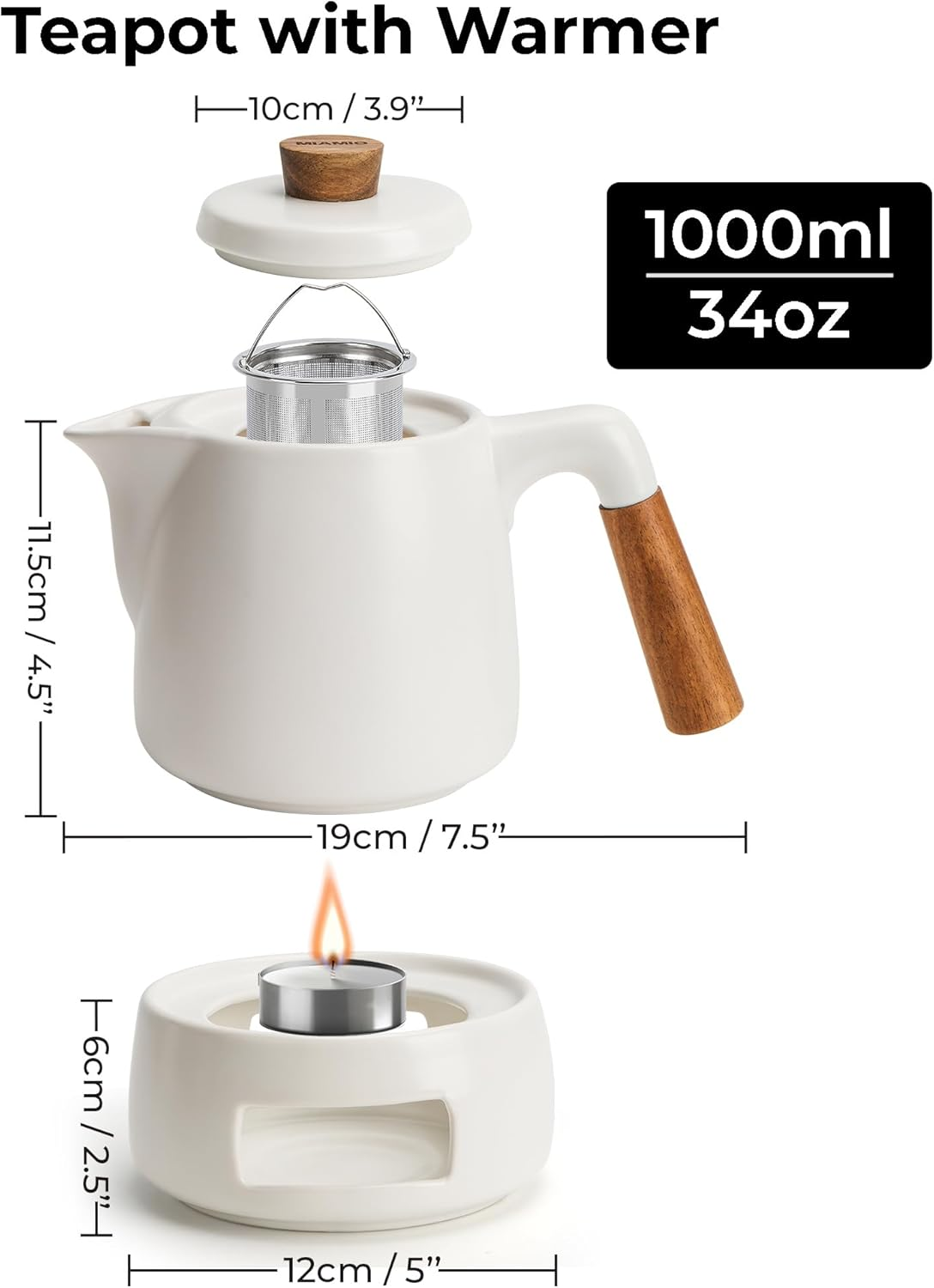 MIAMIO - Teapot Set with Warmer / 1L / 1000 Ml Tea Kettle with Infuser for Steeping Loose Tea Leaves (White) image number 3
