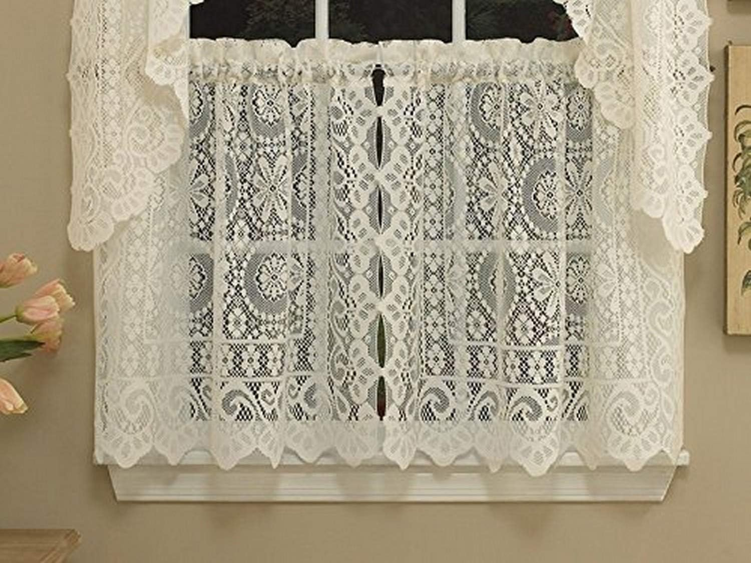Sweet Home Collection Old World Style Floral Heavy Lace Kitchen Curtain Valance, Hopewell White