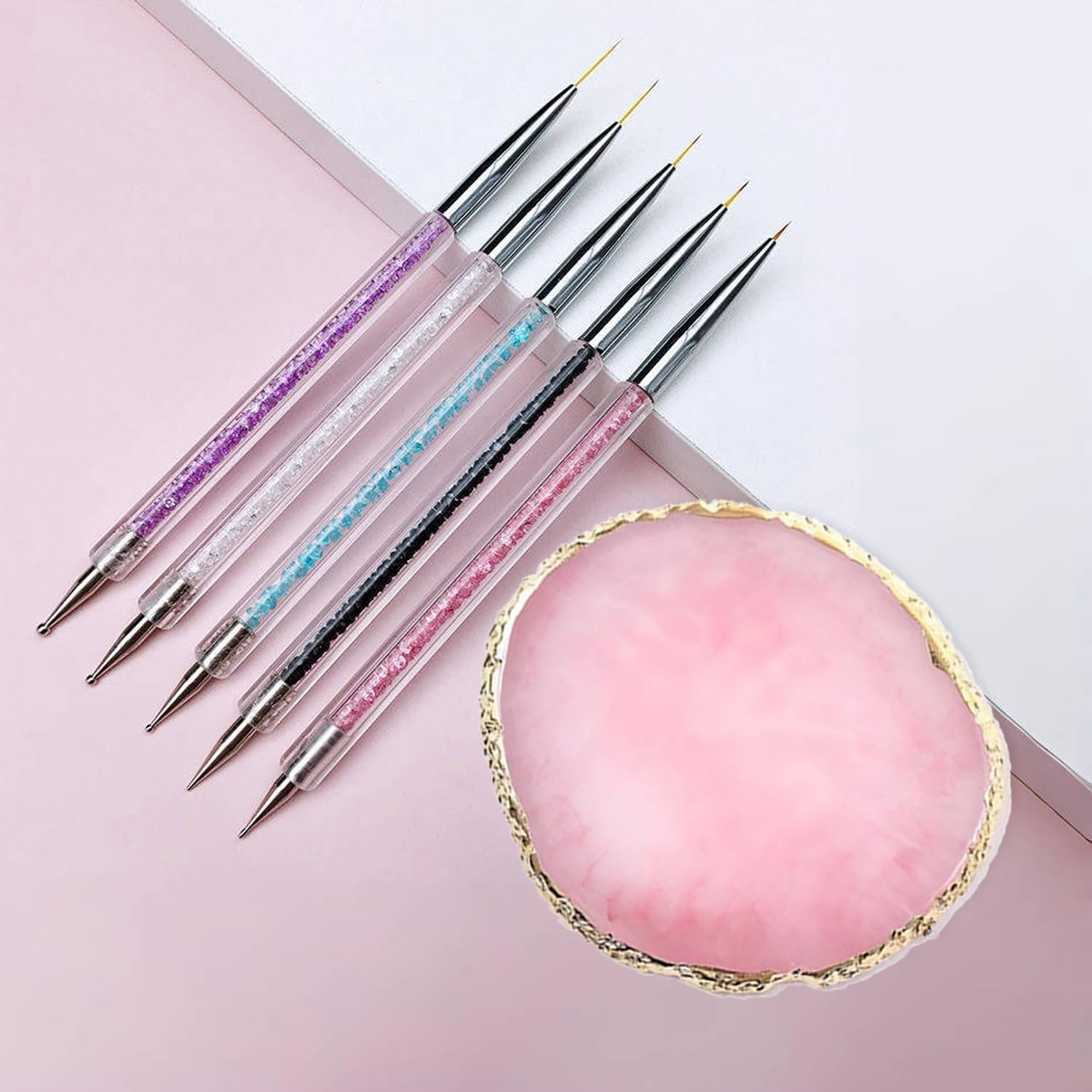 FULINJOY Resin Nail Art Palette with 5 Pcs Nail Art Brushes, Nail Polish Mixing Palette Double-Ended Dotting Pen Nail Art Liner Brush for Nail Art image number 5