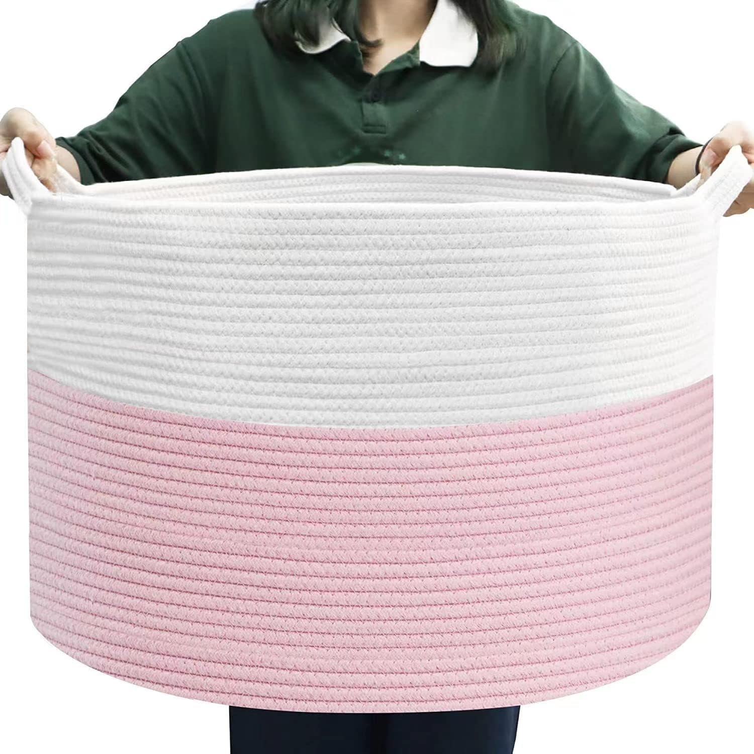 Xxxlarge Cotton Rope Basket 23.6" X 23.6" X 14.1" Woven Baby Laundry Blanket Basket Toy Baskets with Handle Storage Comforter Cushions Thread Laundry Hamper Home Decor Living Room（Pink）