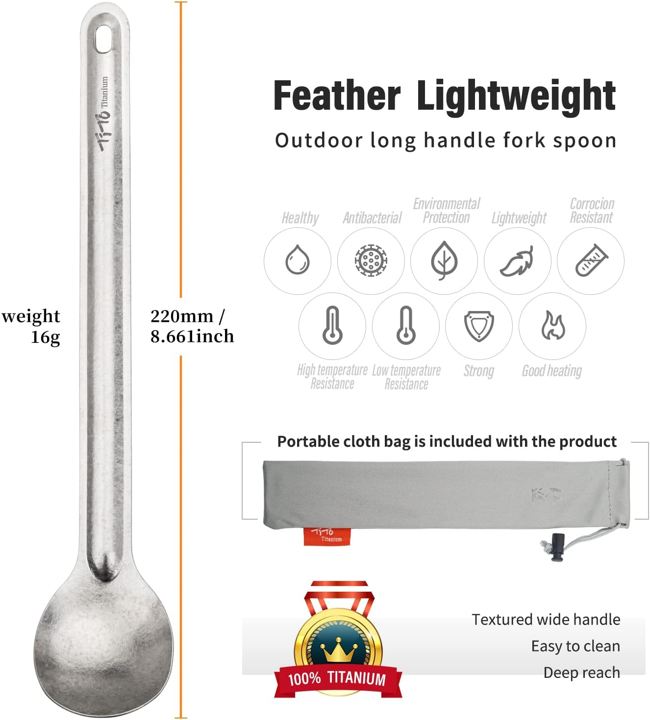 Tito Titanium Spork Long Handle Outdoor Travel Spoon Fork Portable Flatware Camping Fork Spoon Sports Backpacking Titanium Spoon (Bright-Titanium-1) - Bright-Blue-1 image number 5