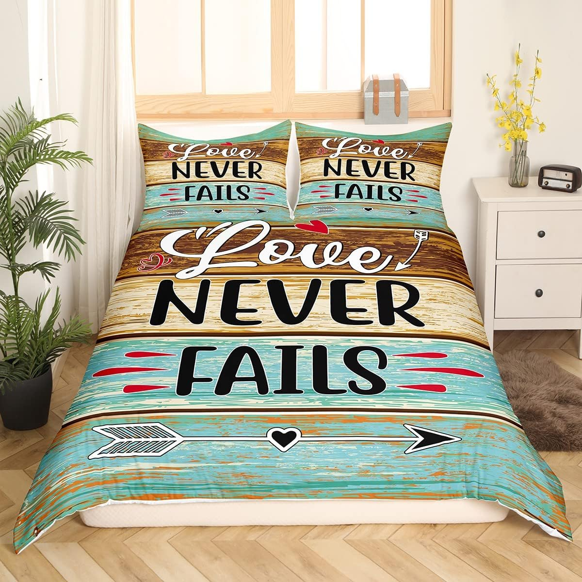 Manfei Rustic Farmhouse Bedding Set S Size Vintage Christian Bible Verses Duvet Cover for Kids Boys Girls Women Cyan Brown Cabin Wood Comforter Cover Love Theme Quote Quilt Cover image number 4