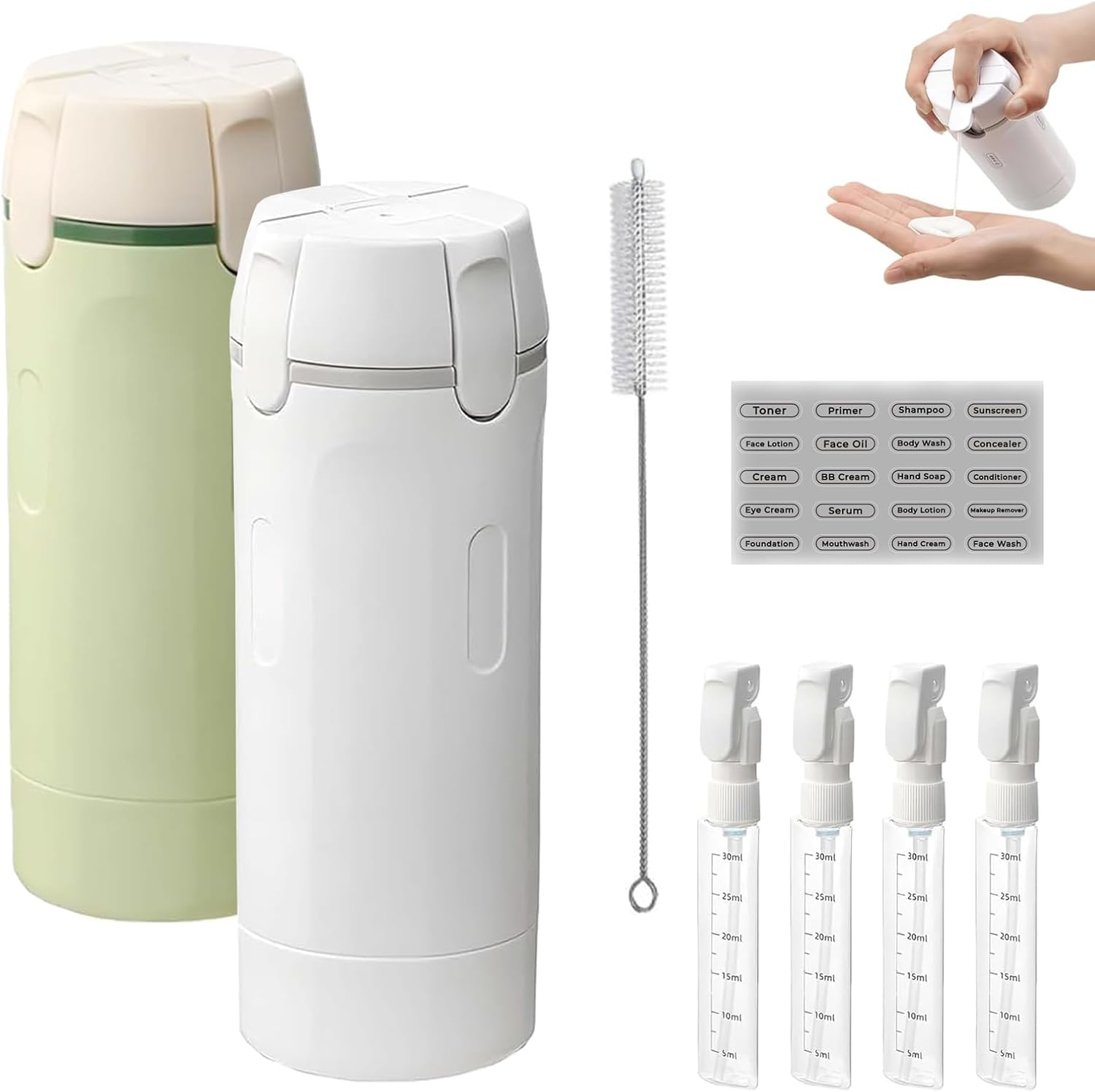 4-In-1 Travel Dispenser Bottle, Portable Leak Proof Refillable Toiletry Containers, Mini Shampoo Dispenser Portable Travel Bottle Set with Scale Label for Toiletries, for Flights Gym (Green*1)