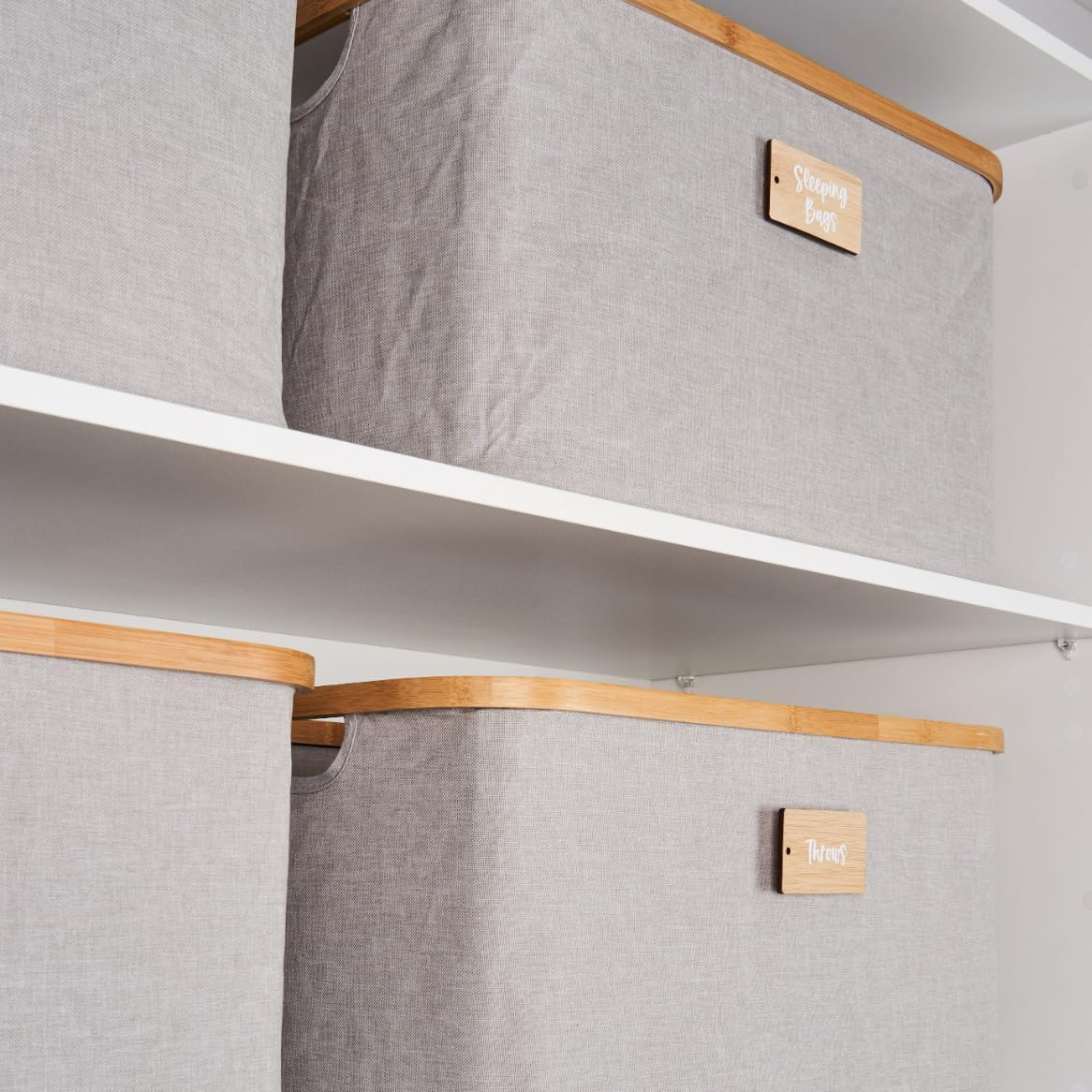 Linen Storage Baskets with Bamboo Rim 8 Pack Light Grey, 4 Large and 4 Medium, Foldable Oxford Cloth Fabric Bins with Label Tags, Wardrobe and Cupboard Organisation for Bedroom Laundry Shelves image number 4