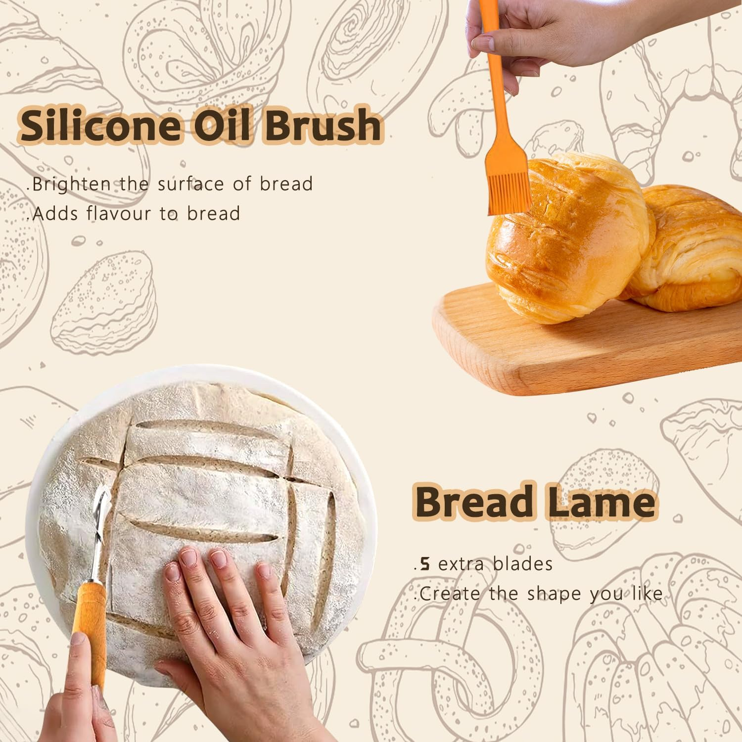 Xkimos Sourdough Starter Kit,14-Piece Set Banneton Proofing Basket with round & Oval Rattan Proofing Baskets,Natural Rattan Bread Proofing Basket,Sourdough Kit with the Necessary Tools. image number 4