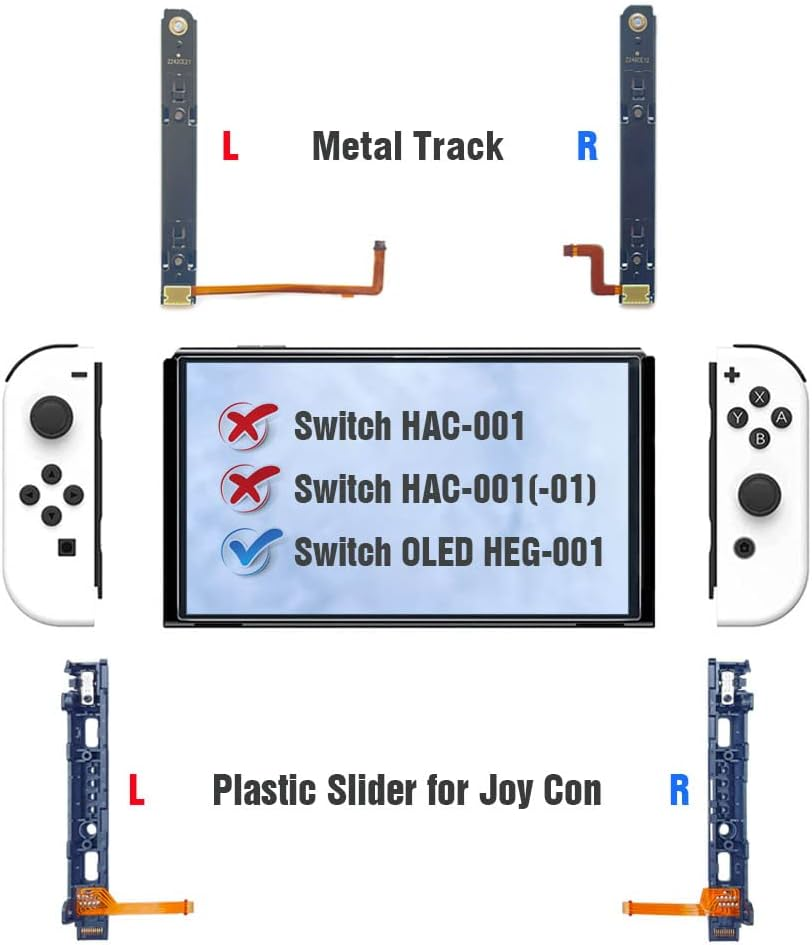 Elecgear Slide Rail Replacement for OLED Switch HEG-001 and Joy Con 1 Controller, Left/Right Metal T-Track for NS OLED and Plastic Slider Bar for Joy-Con with Flex Cable Connector, Repair Tool Incl.