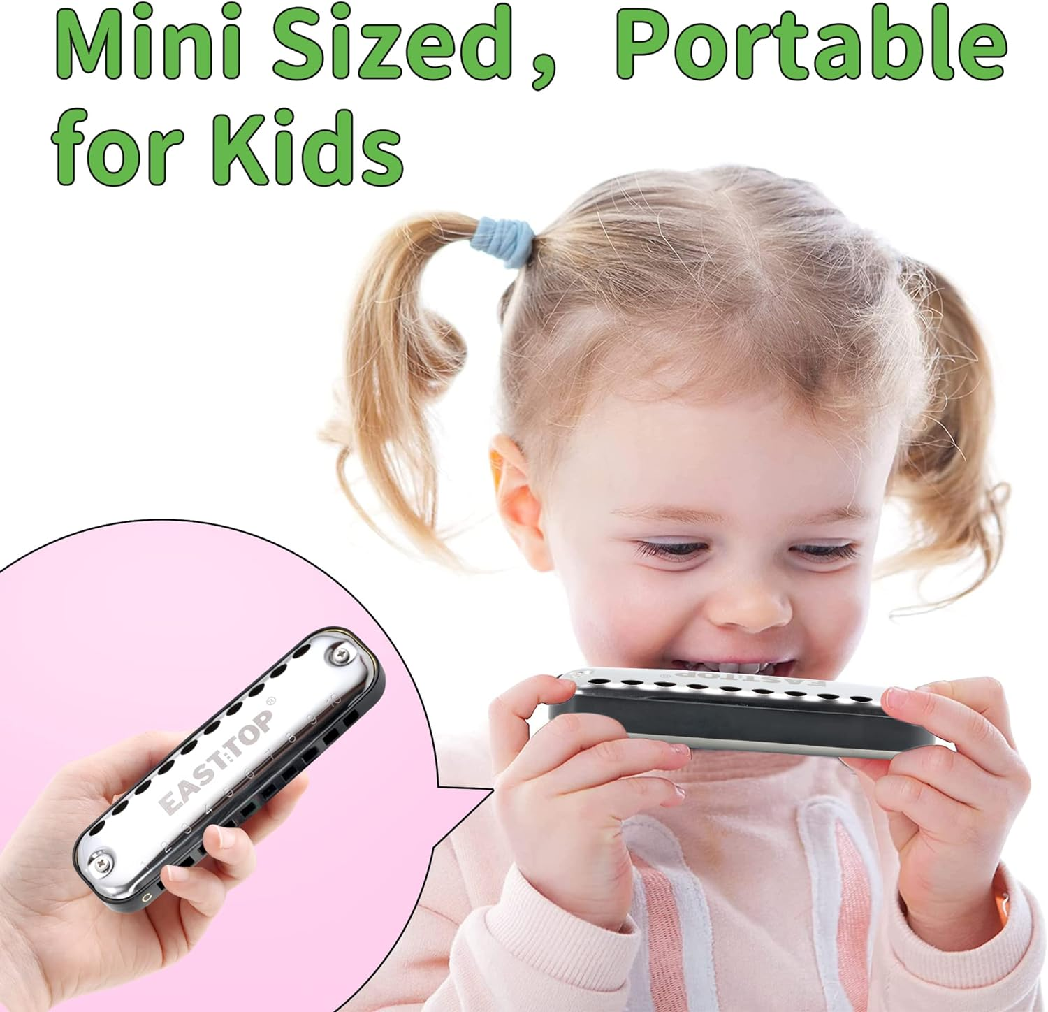 EAST TOP Junior Harmonica,Smoothly Rounded Edge 10 Holes C Key Blues Mouth Organ Harmonica for Kids and Children as Gift,With Fabric Cloth Pouch,Colourful Box, Black image number 5