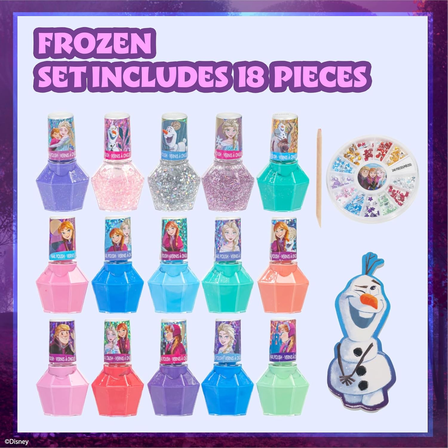 Townley Girl Disney Frozen - Non-Toxic Peel-Off Nail Polish Set with Shimmering and Opaque Colours with Nail Gemstones for Girls 3 Years Old, Perfect for Parties, Make-Up, 18 Pieces image number 4