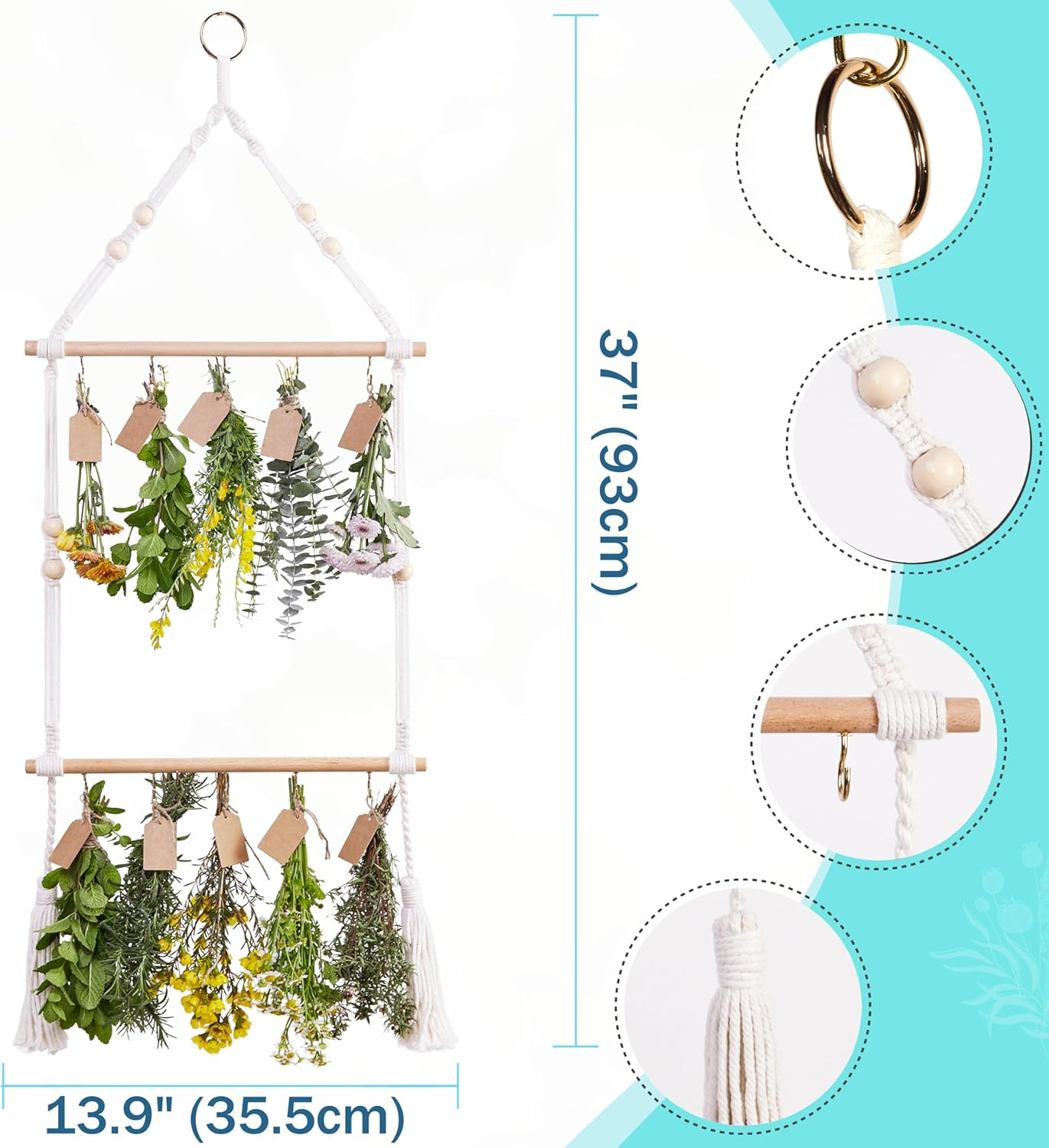 PROTITOUS 2Tier Herb Drying Rack Flower Drying with 25PCS Brown Gift Tags and 32Ft Natural Jute Twine Herb Dryer,Herb Drying Rack,Hanging Herb Dryer Rack, Ivory image number 1