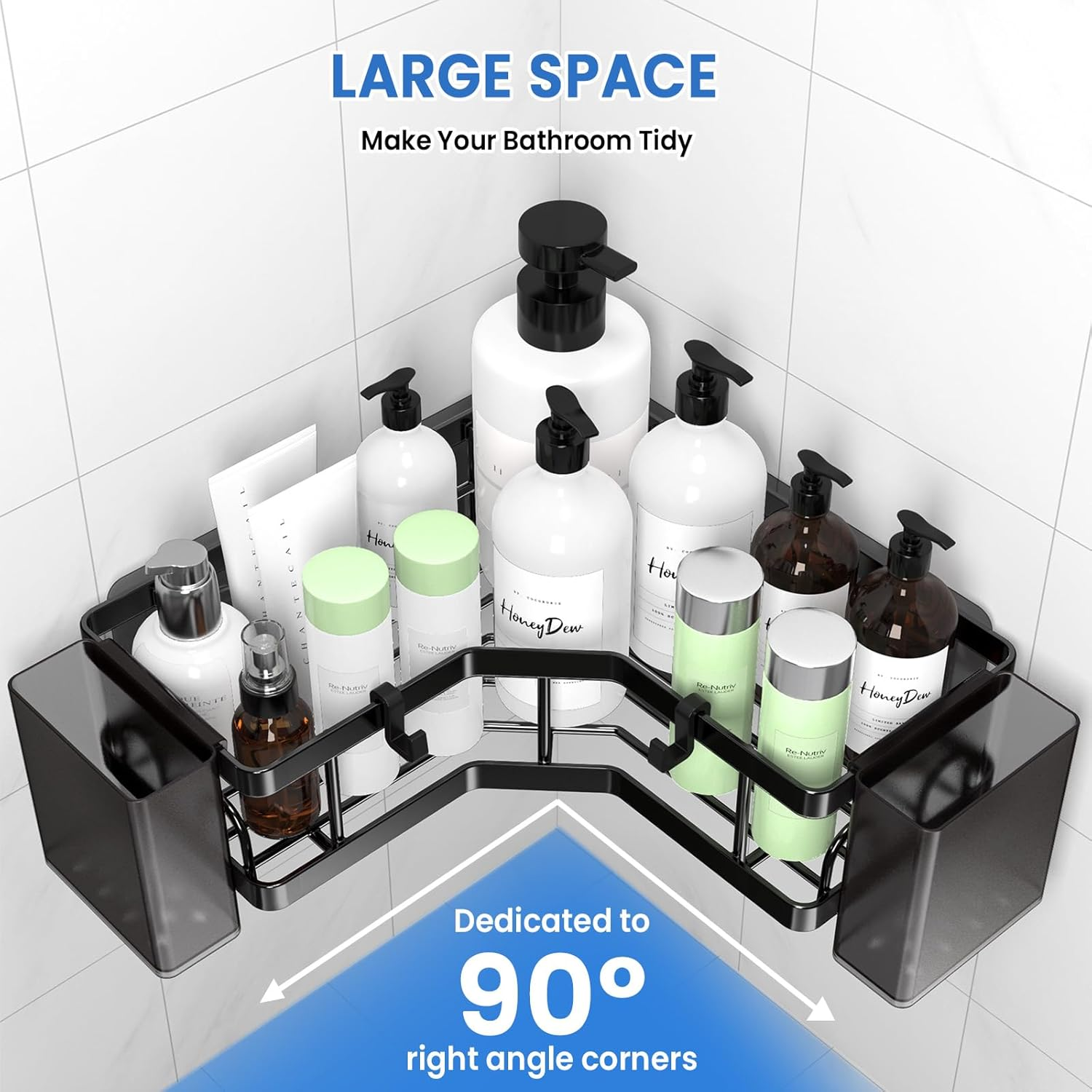 PKBD Corner Shower Caddy 3 Pack,Bathroom Storage No Drilling,Shower Storage with Soap Holder&Hooks&Toothpaste Holders,Bathroom or Kitchen,Rustproof Stainless Steel Suction Bathroom Accessories,Black - White image number 2