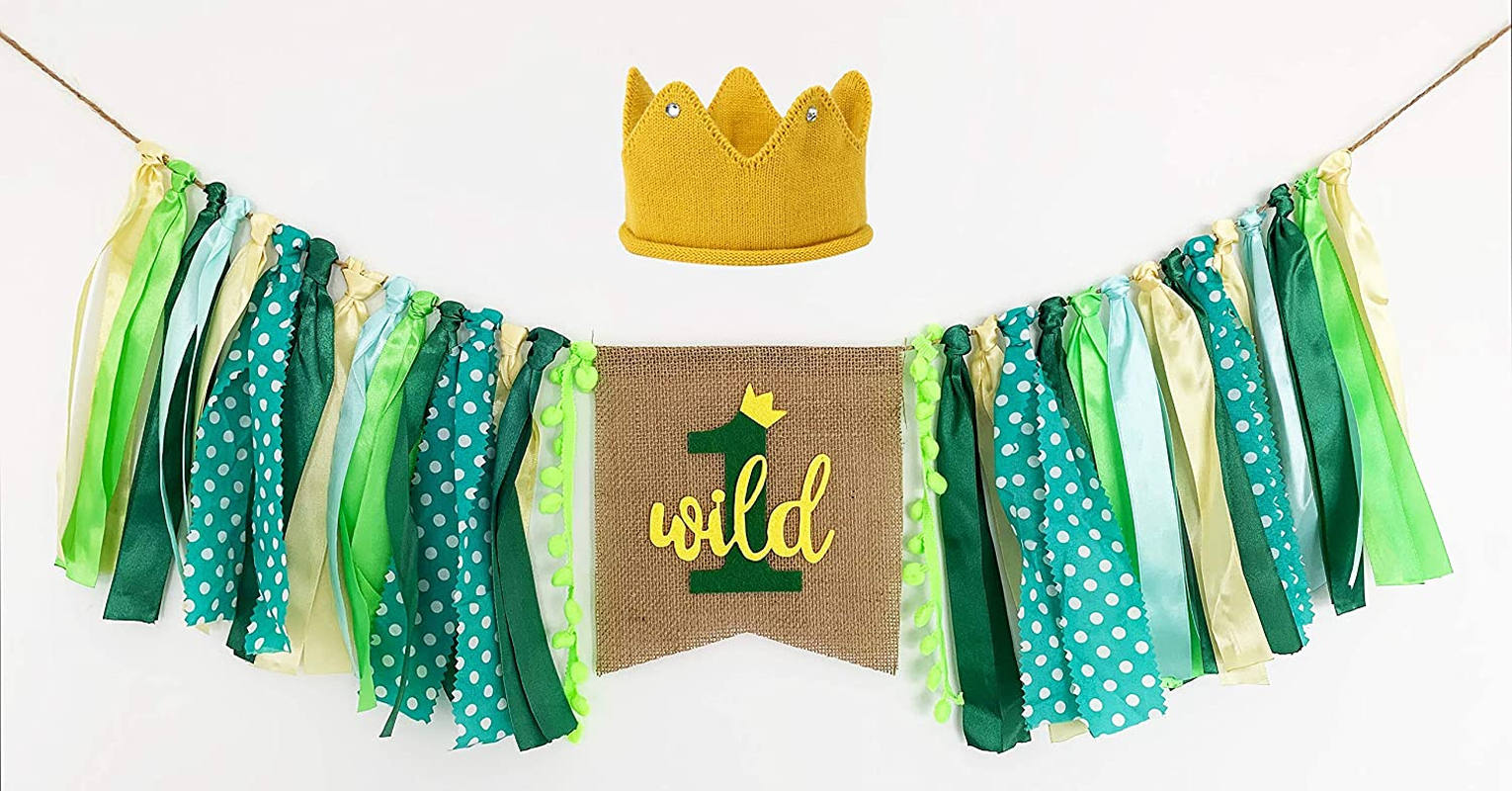 Goparty Wild One High Chair Banner Boy, 1St Birthday Highchair Banner with Crown, Fabric Jungle Safari Theme First Birthday Party Decorations image number 2