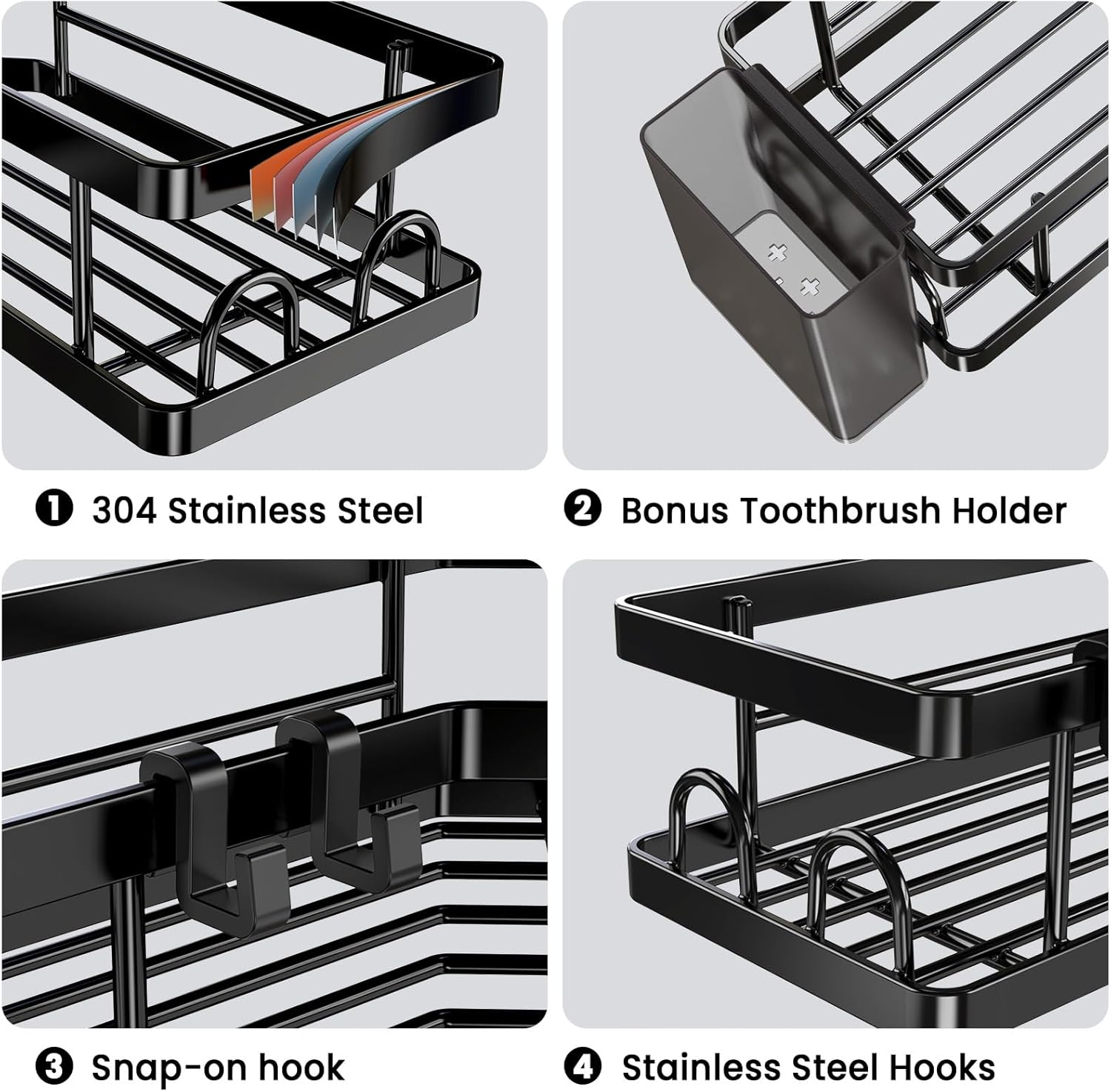 PKBD Corner Shower Caddy 3 Pack,Bathroom Storage No Drilling,Shower Storage with Soap Holder&Hooks&Toothpaste Holders,Bathroom or Kitchen,Rustproof Stainless Steel Suction Bathroom Accessories,Black - White image number 6