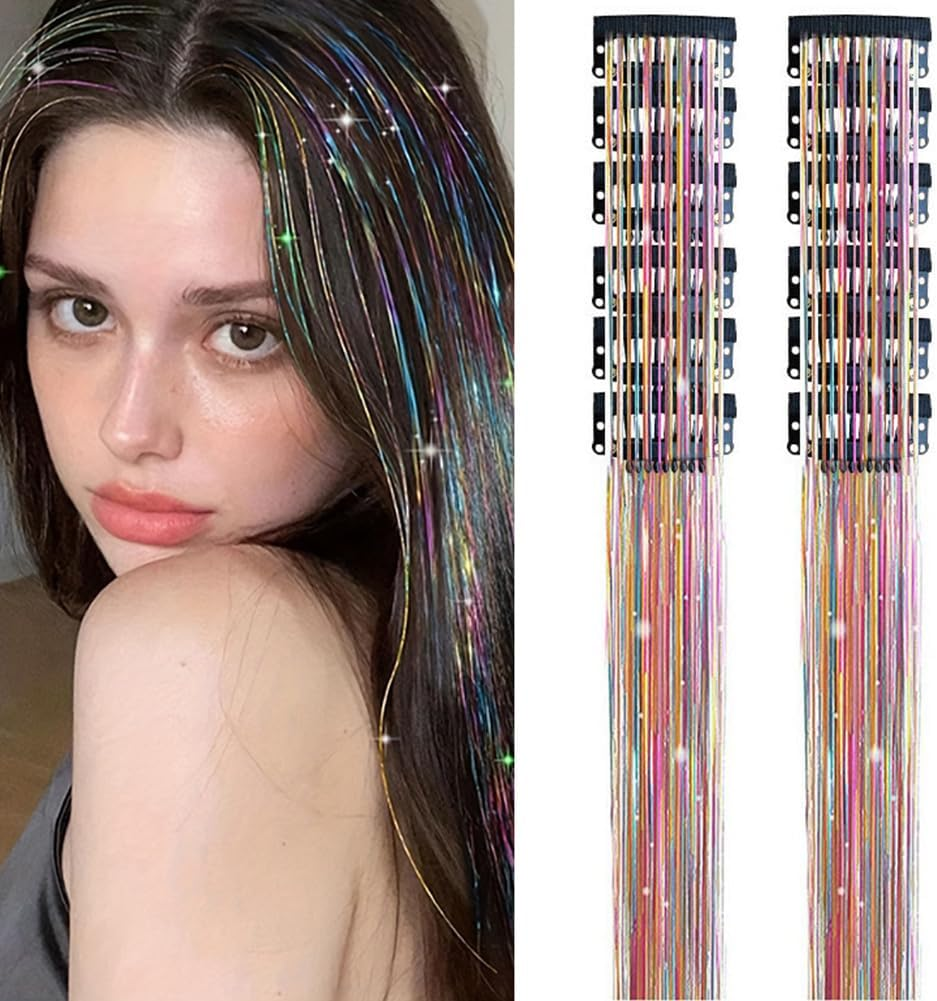 Homiliky 12Pcs Hair Tinsel Clips, Rainbow Fairy Hair Tinsel Kit with 33Cm Glitter Hair Extensions for Women Girls, Party Hair Accessories for Christmas Halloween image number 5